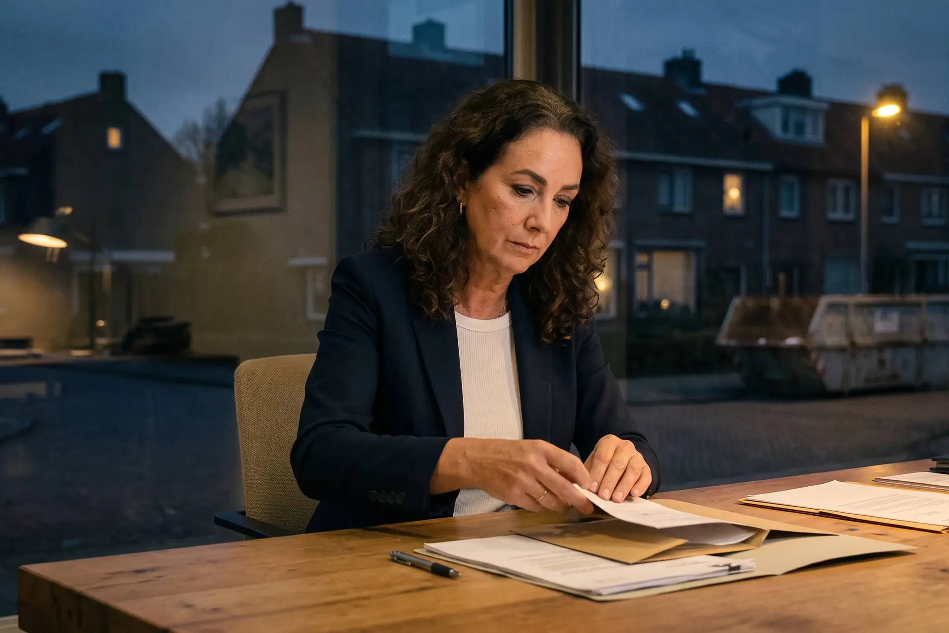 Burgemeester Femke Halsema aan haar bureau met een brief, door het raam een woonwijk in de avond met een lege container