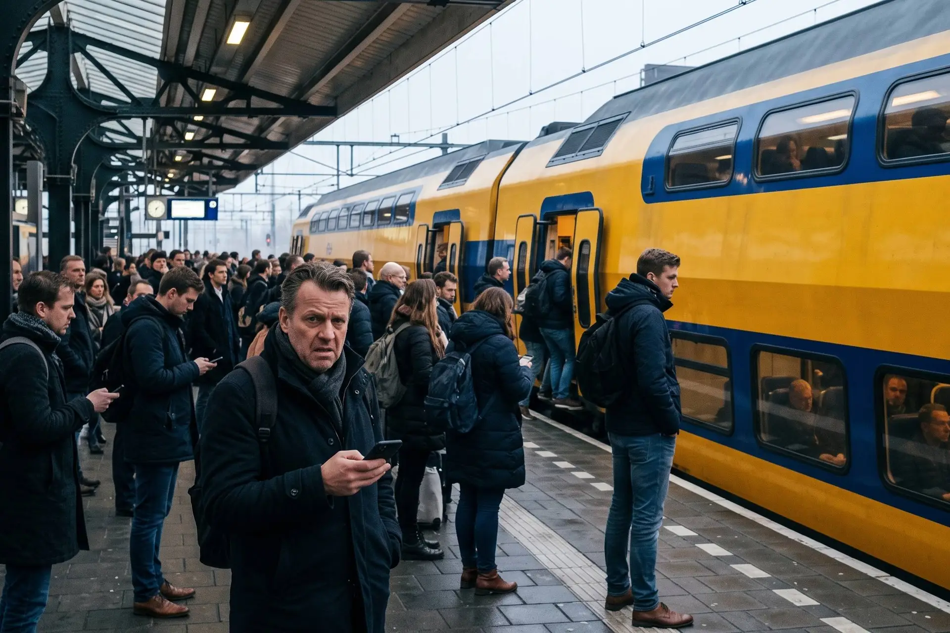 Drukke forensen op een perron in de ochtendspits bij een gele dubbeldekstrein