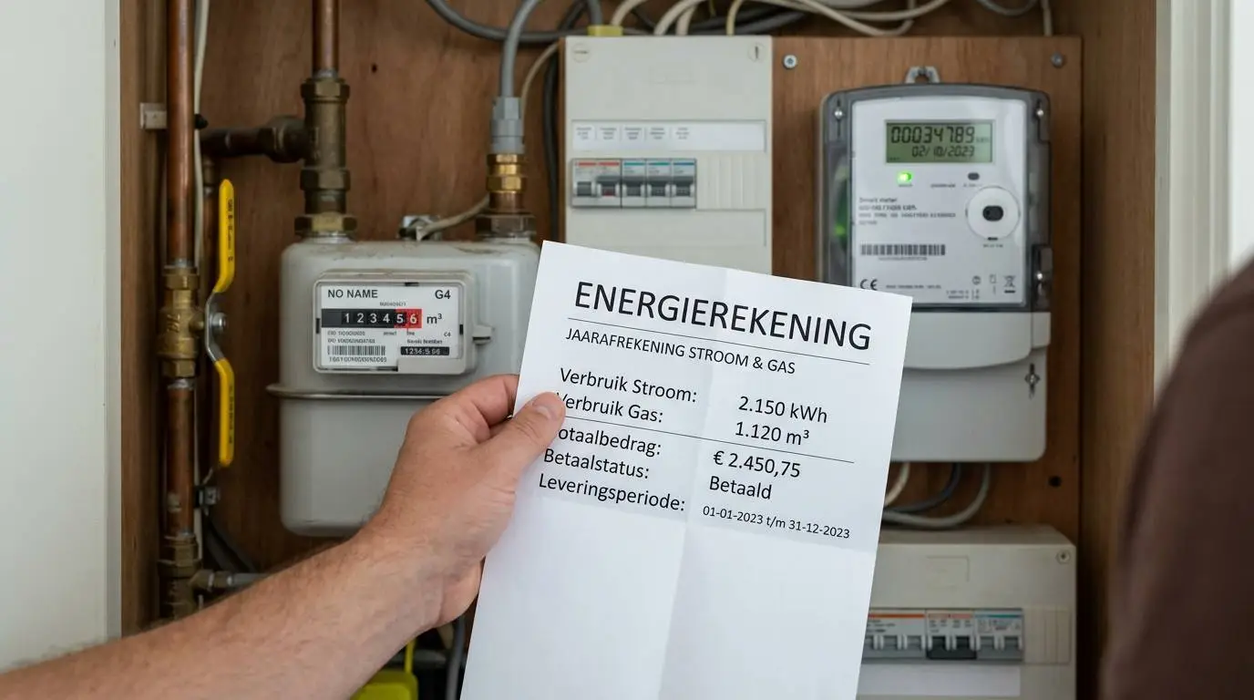 Hand met energierekening voor een gasmeter in de meterkast