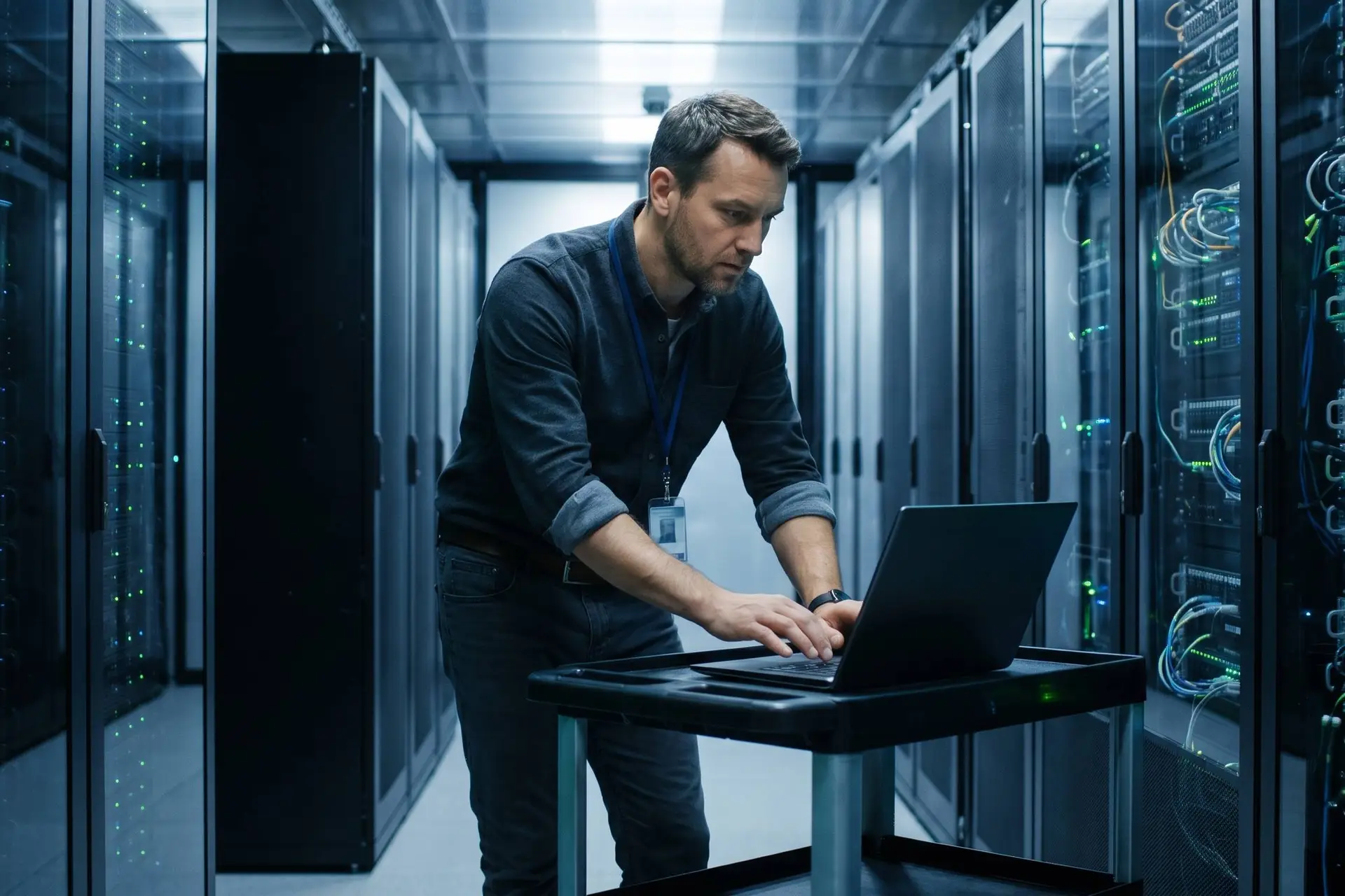 IT-beheerder in een serverruimte kijkt geconcentreerd naar een laptop op een karretje tussen rekken met lampjes.