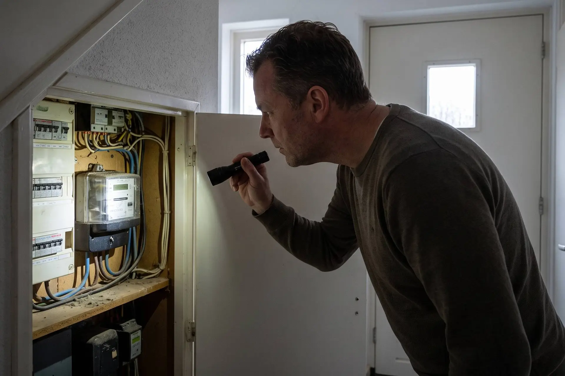 Man bekijkt met een zaklamp de elektriciteitsmeter in de meterkast in de gang van zijn woning.