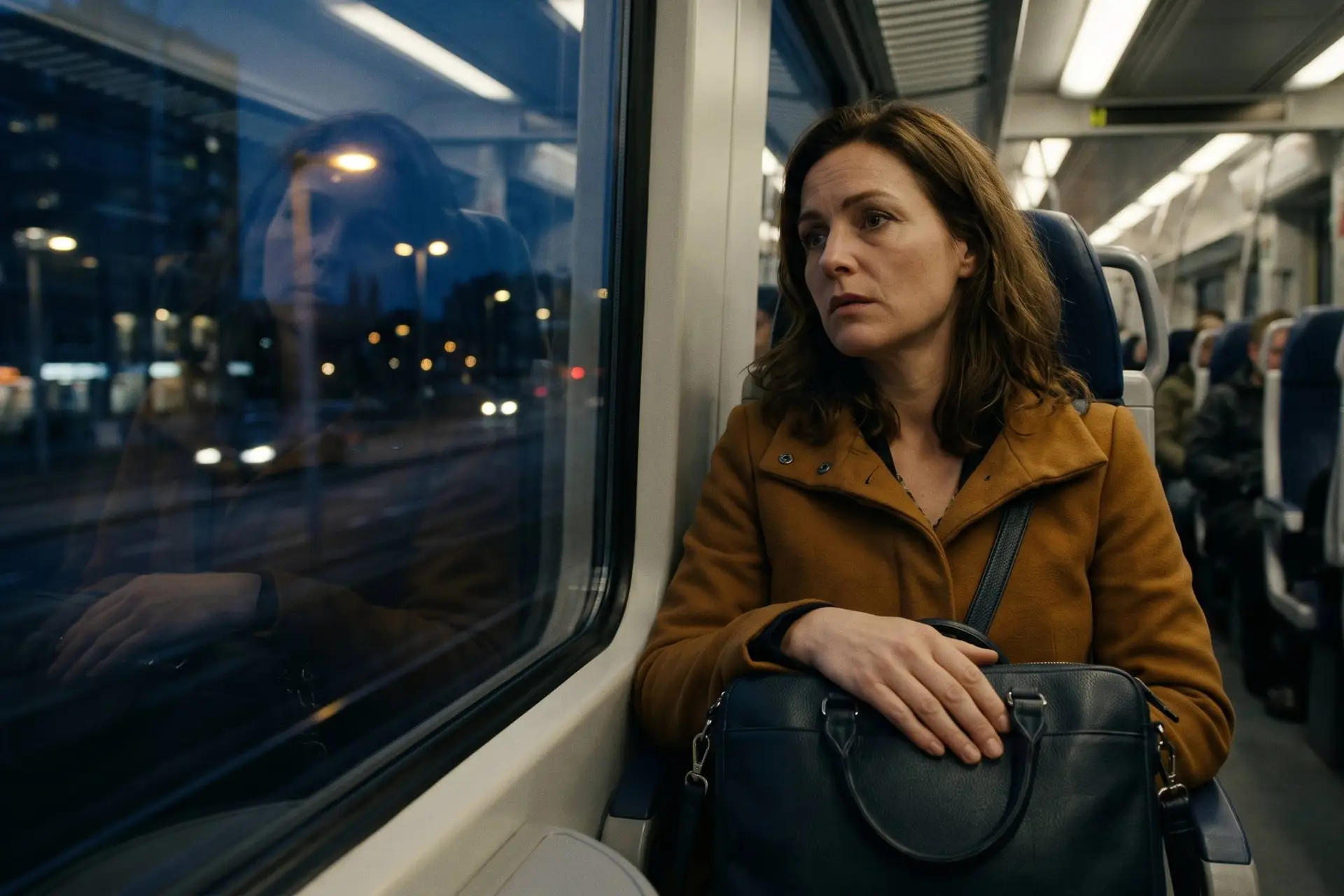 Vrouw in een okerkleurige jas zit 's avonds in de trein met een tas op schoot en kijkt peinzend uit het raam.