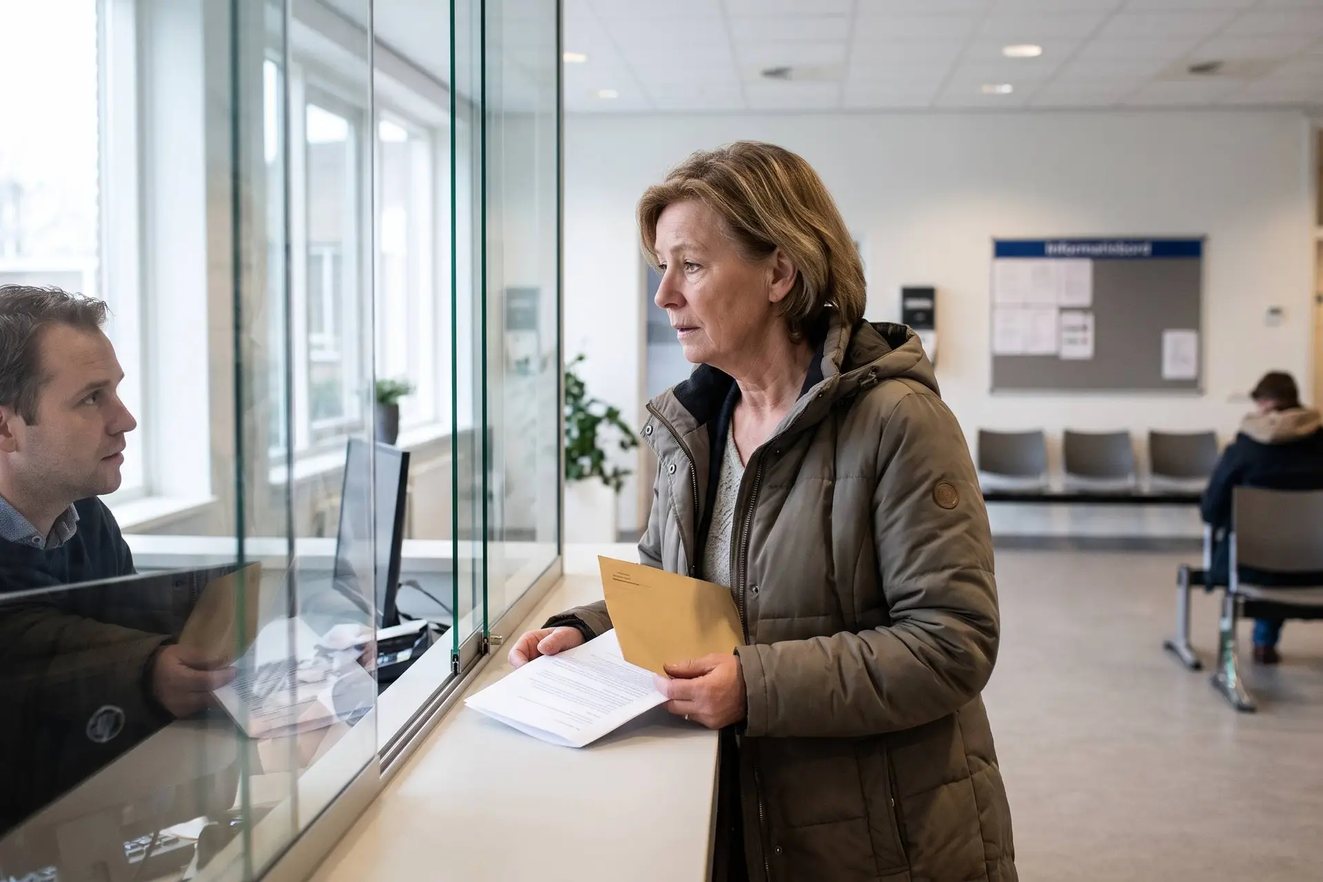 Vrouw van rond de zestig in een groene jas staat met een envelop en papieren bij de balie van een gemeentehuis.