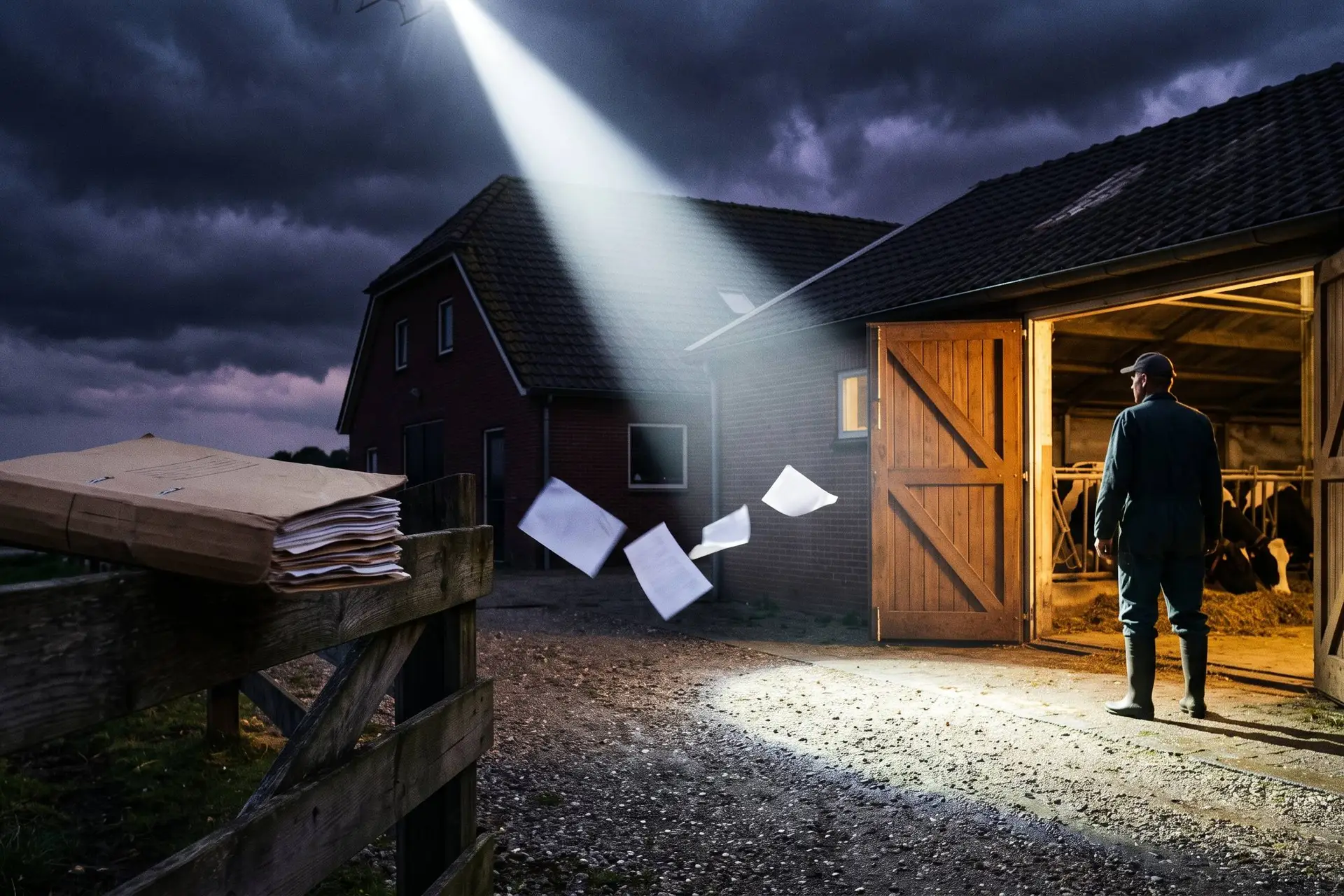Boer in de deuropening van zijn stal terwijl een fel zoeklicht op het erf schijnt, over de vrijgegeven boerengegevens