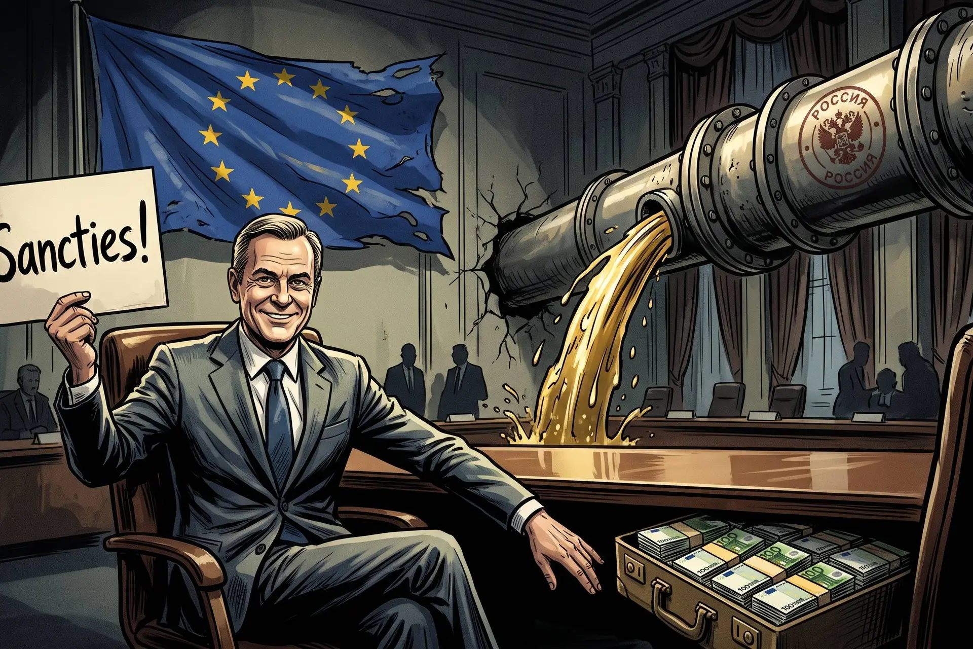 Een Europese diplomaat die openlijk sancties verkondigt maar stiekem miljarden doorschuift.