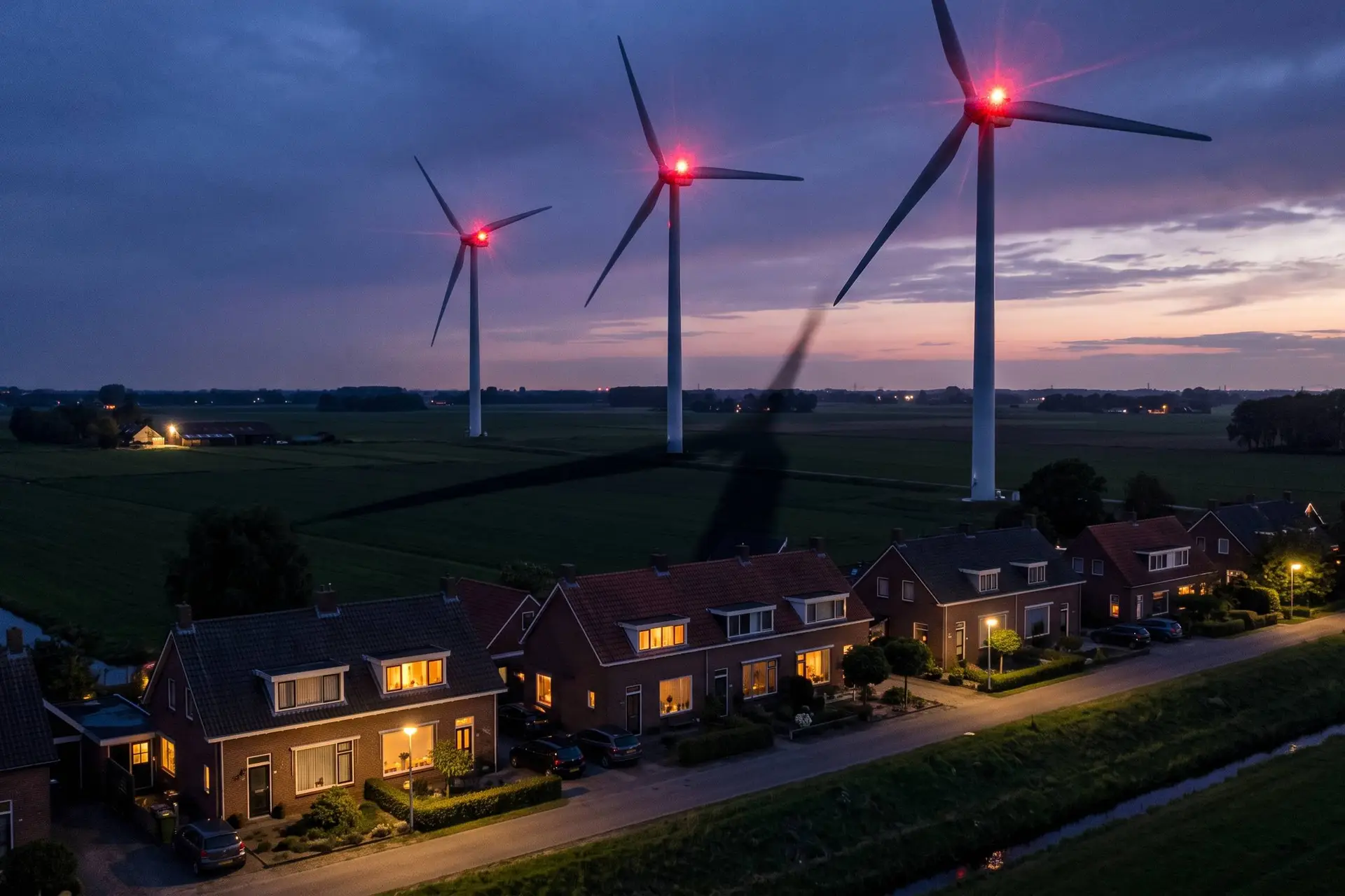 Gigantische windturbines pal achter dorpswoningen met verlichte slaapkamers: terreurturbines naast je huis
