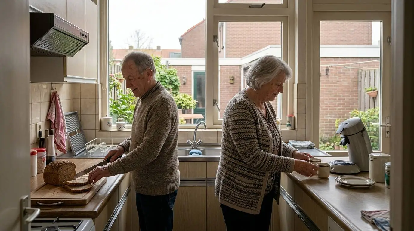 en ouder stel dat samen het ontbijt klaarmaakt in een Nederlandse keuken.