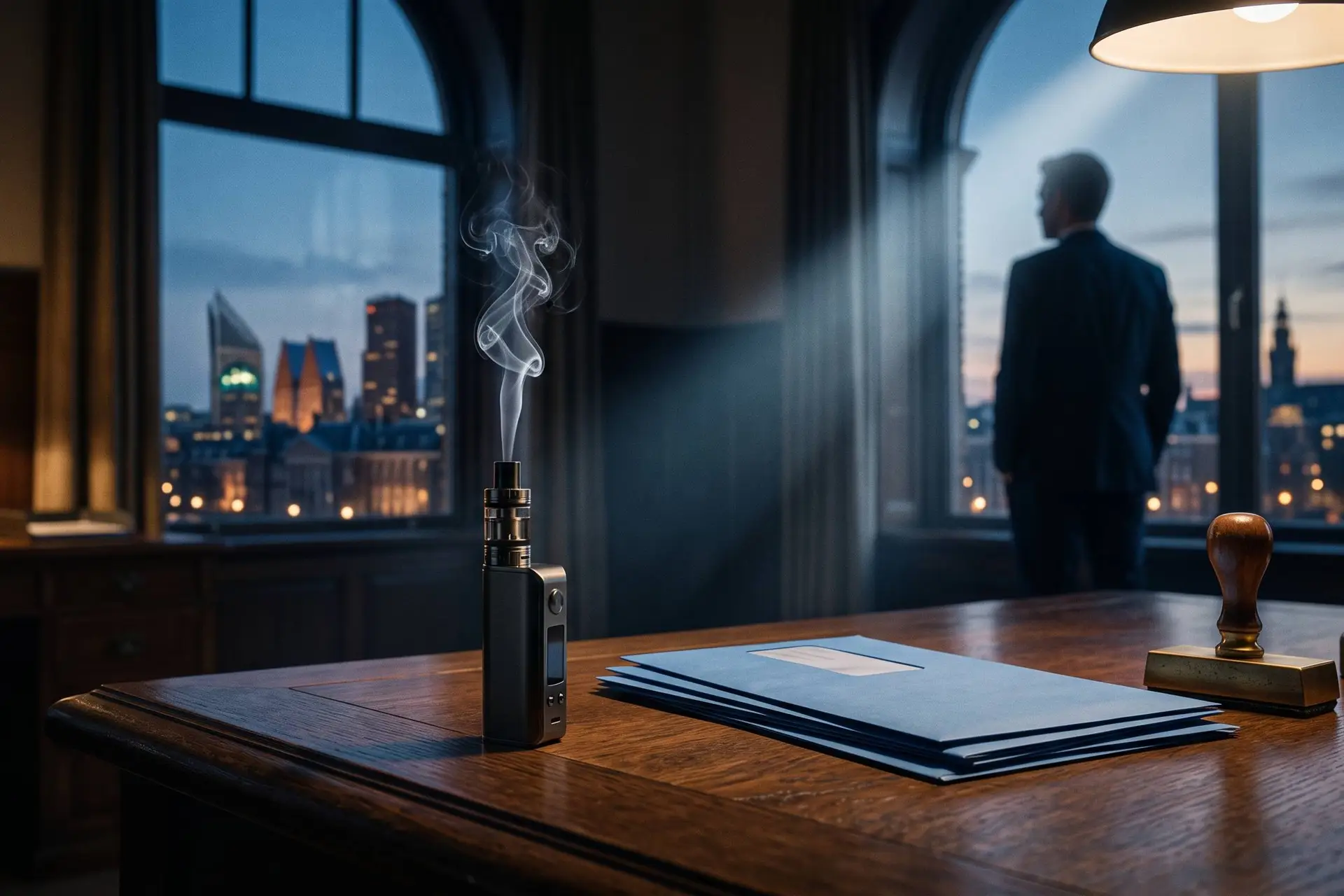 E-sigaret met dampwolk op een bureau van een ministerie naast blauwe belastingenveloppen, over de vape-accijns