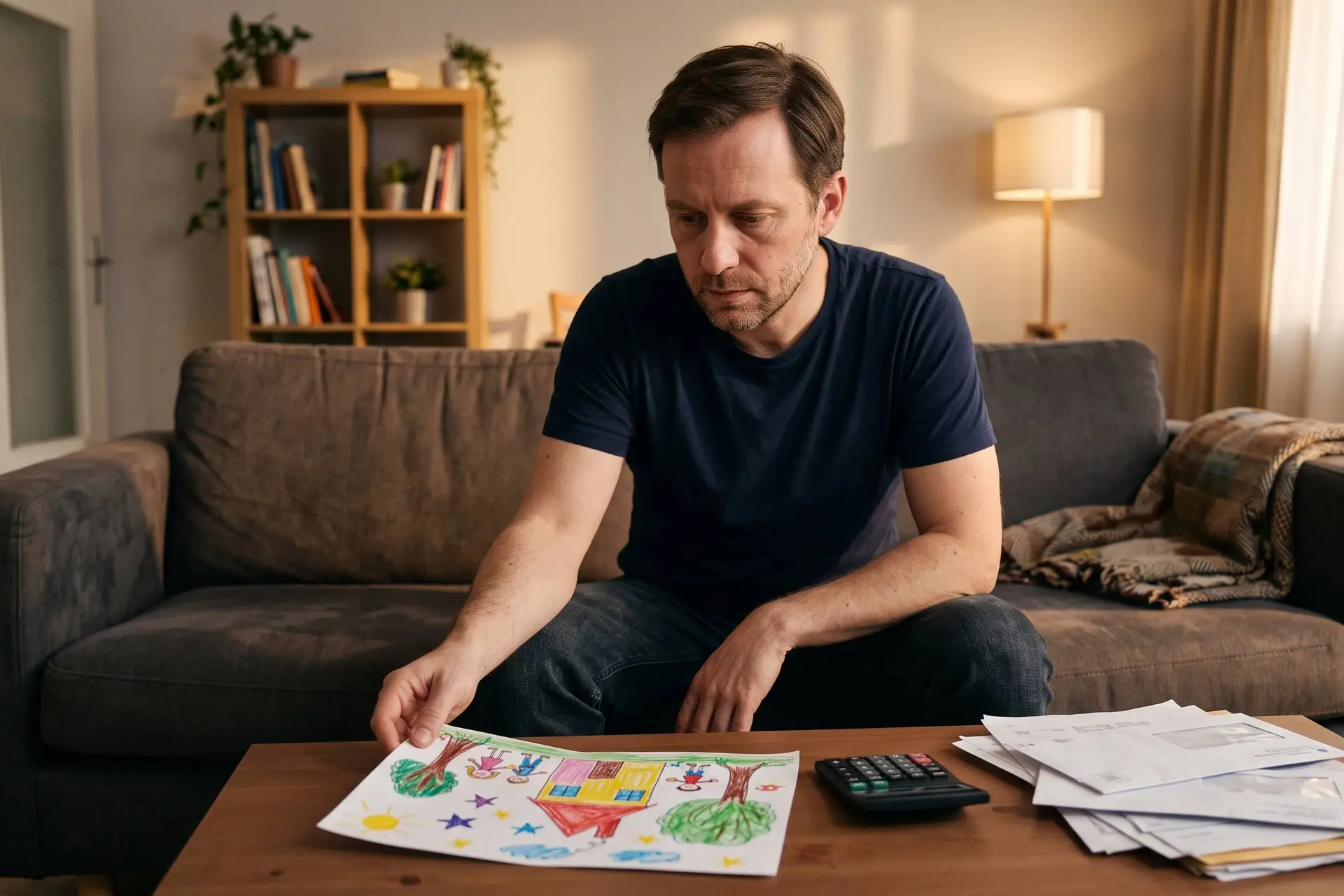 Man op de bank kijkt naar een kindertekening naast een rekenmachine