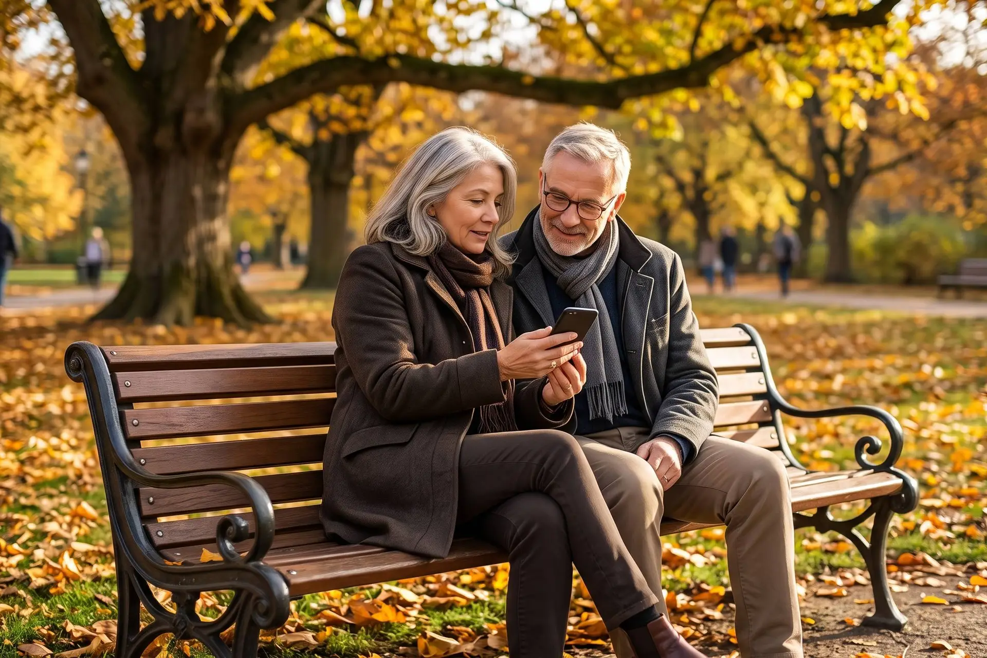 Stel van rond de zestig op een parkbankje in de herfst, de vrouw laat haar man iets zien op haar telefoon.