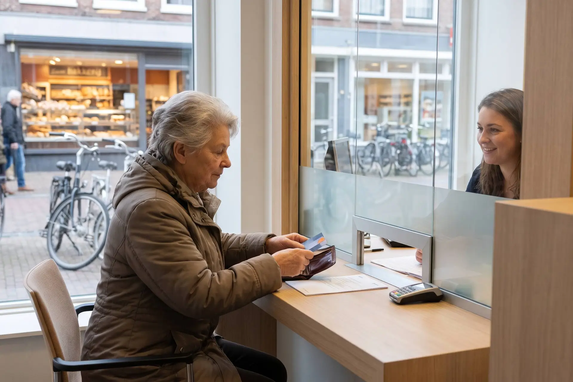 Oudere vrouw stopt aan het loket van een bankkantoor haar bankpas terug in haar portemonnee