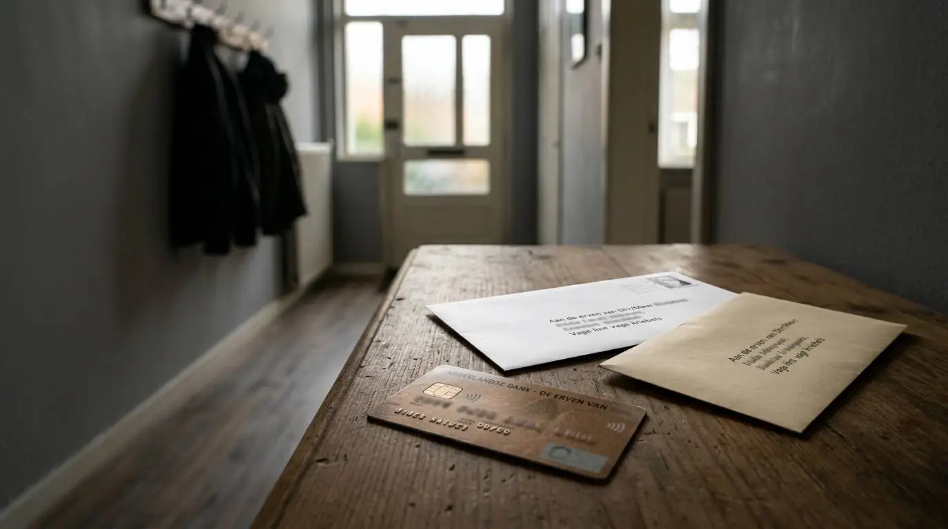 Bankpas en gesloten enveloppen op een haltafel.