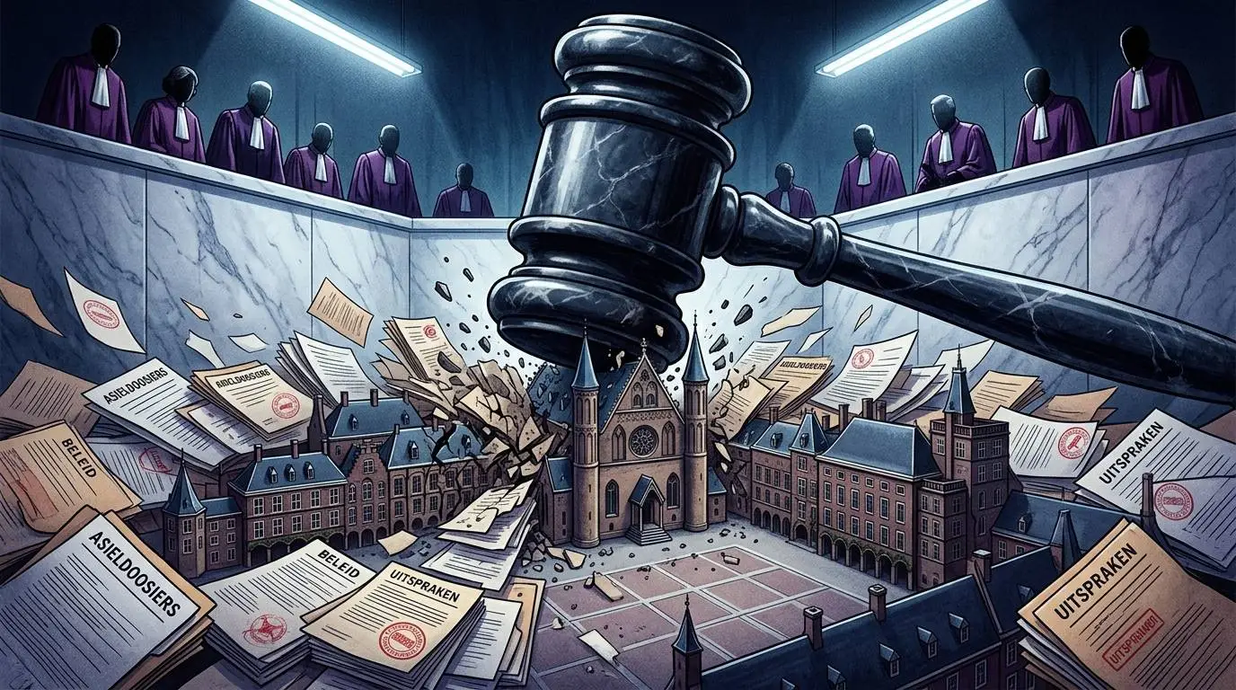 Dramatische illustratie van een gigantische Europese rechtersgavel die het Nederlandse Binnenhof verplettert onder stapels asieldossiers.