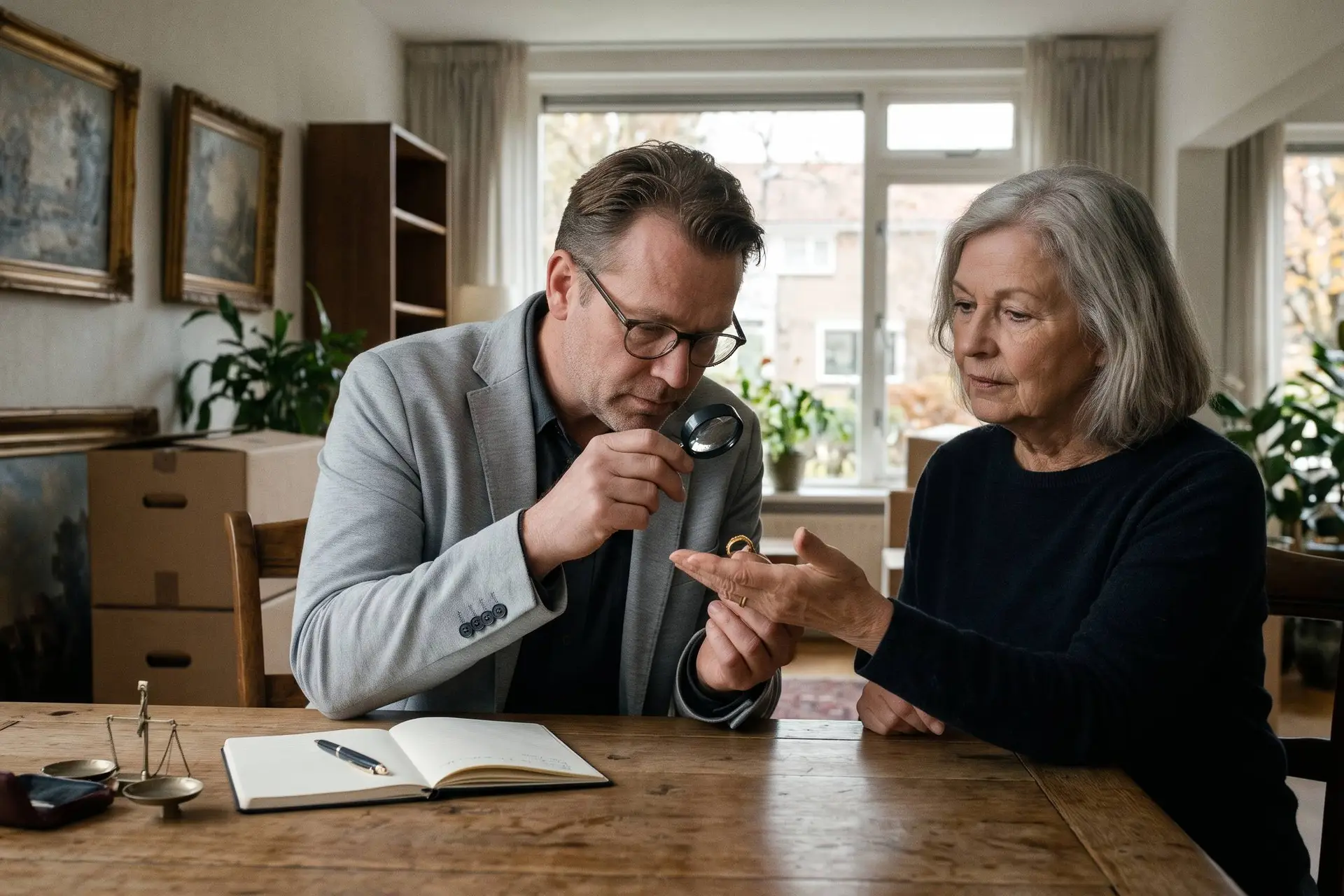 Taxateur bekijkt met een loep een gouden ring bij een oudere vrouw, met ingelijste schilderijen tegen de muur