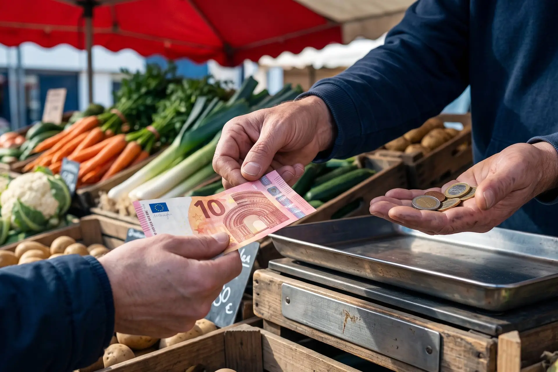 Illustratie van een klant die bij een groentekraam contant betaalt en wisselgeld krijgt.