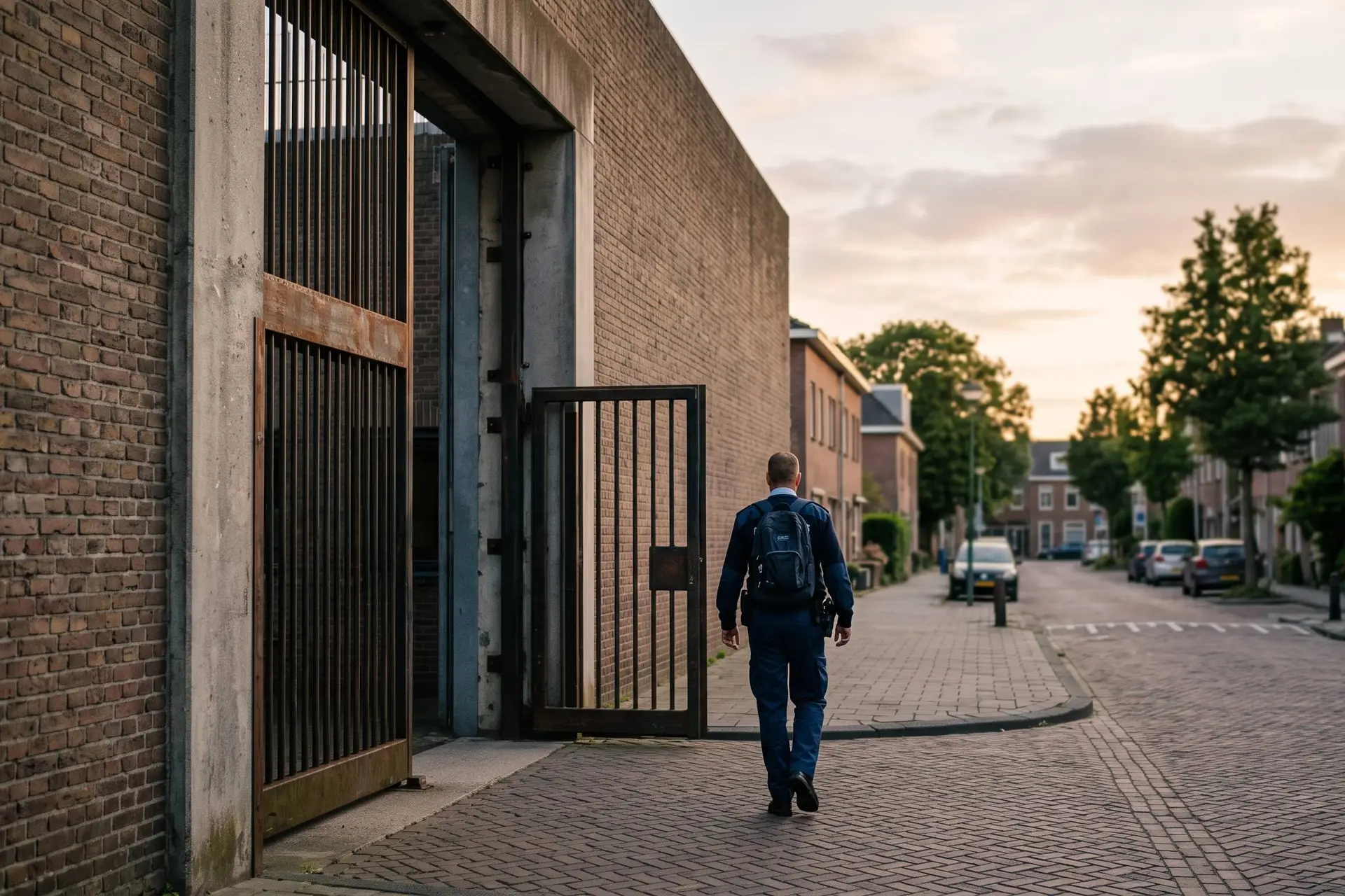 en gevangenismedewerker die na zijn dienst door een gevangenispoort naar buiten loopt.