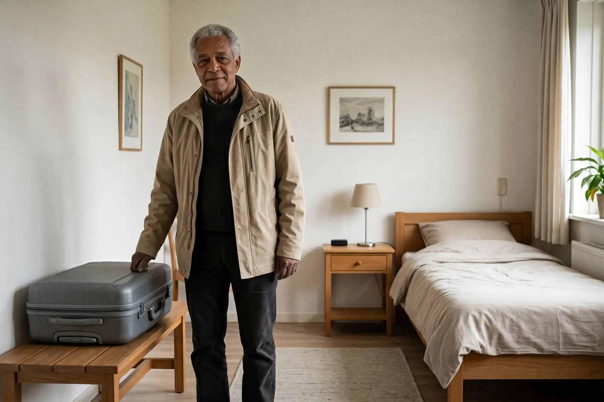 Oudere man in een beige jas in een lichte logeerkamer, naast een grijze reiskoffer op een houten bankje.