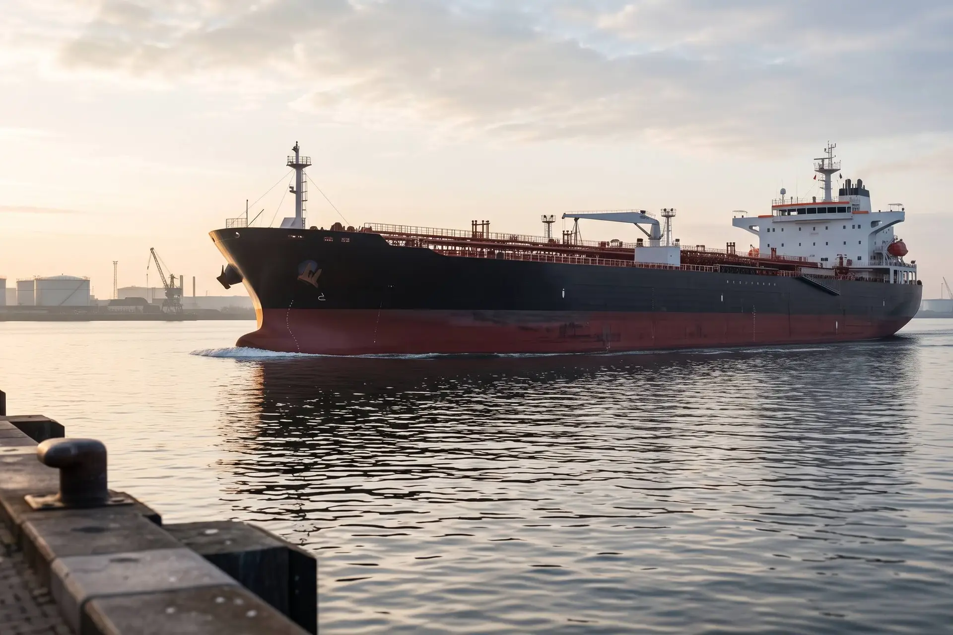 Een grote olietanker op een havenaanloop.