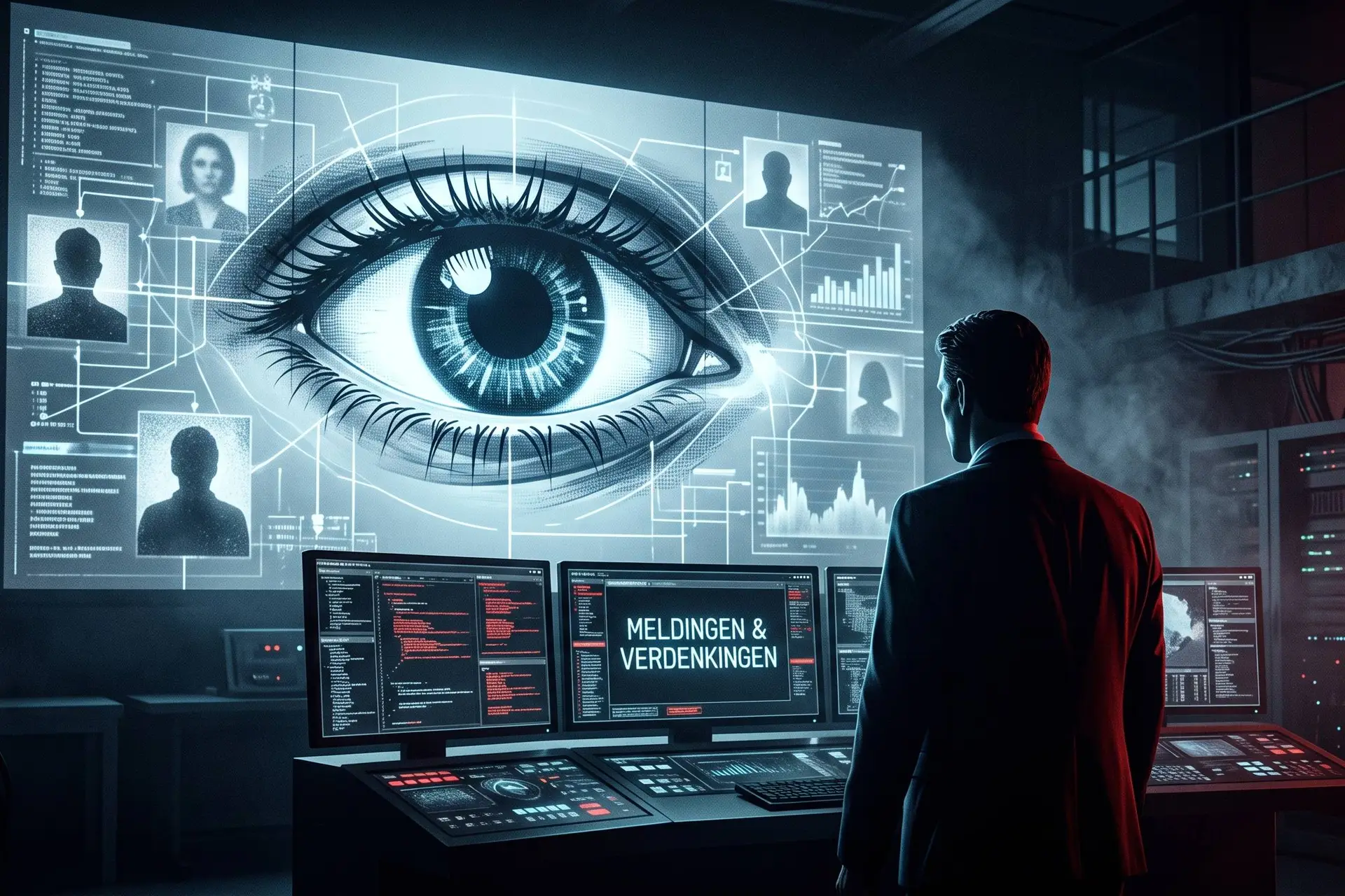 Een surveillance-oog op een digitaal scherm boven een meldpunt in een overheidsgebouw.