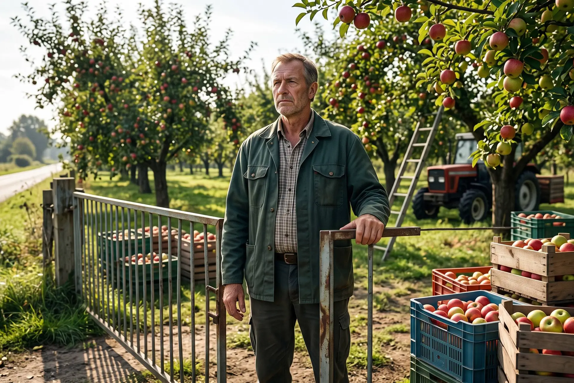 Illustratie van een fruitteler bij het hek van een Utrechtse boomgaard.