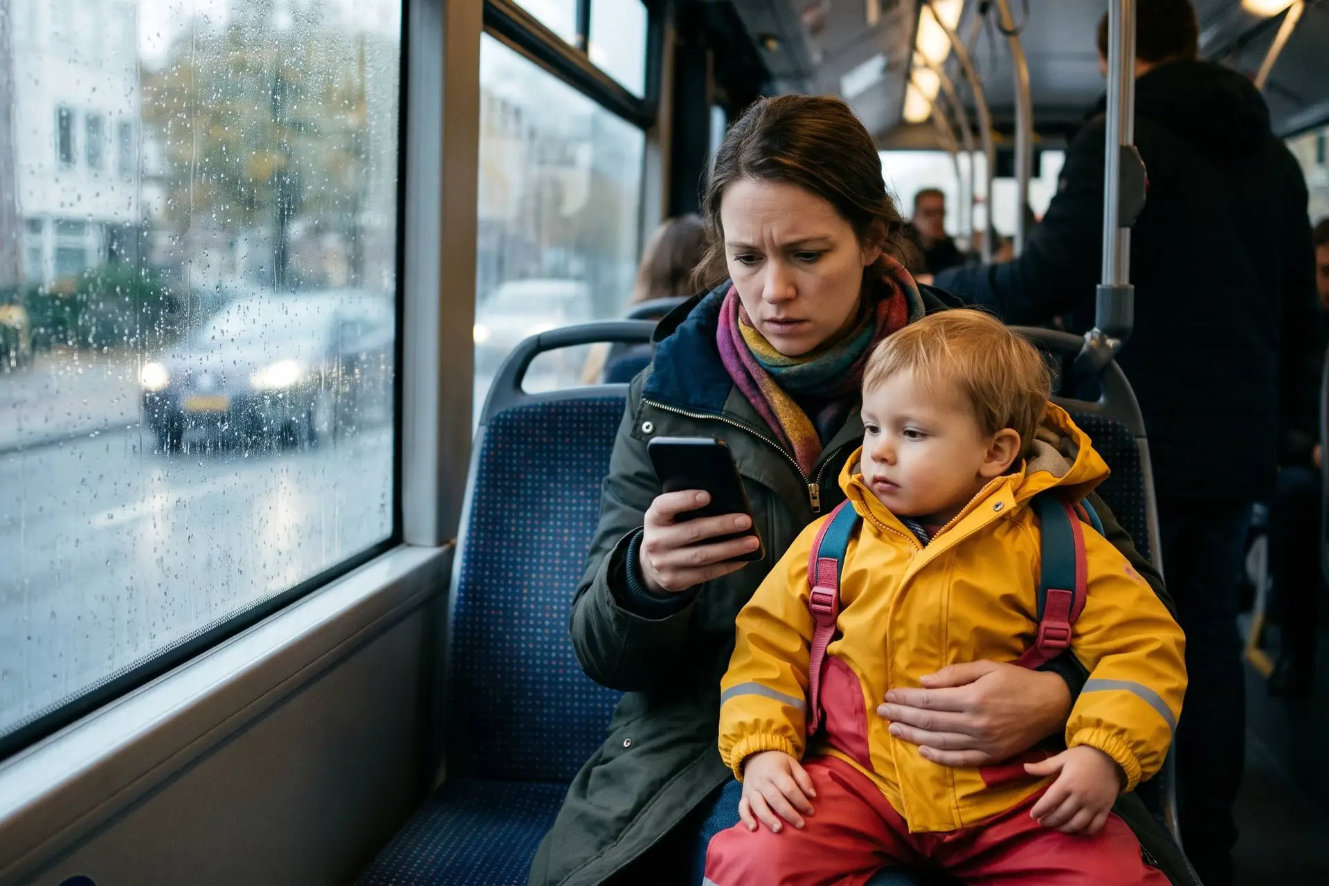 Moeder met peuter op schoot in een bus kijkt in de ochtend naar haar telefoon, het kind draagt een regenjas en een rugzakje.