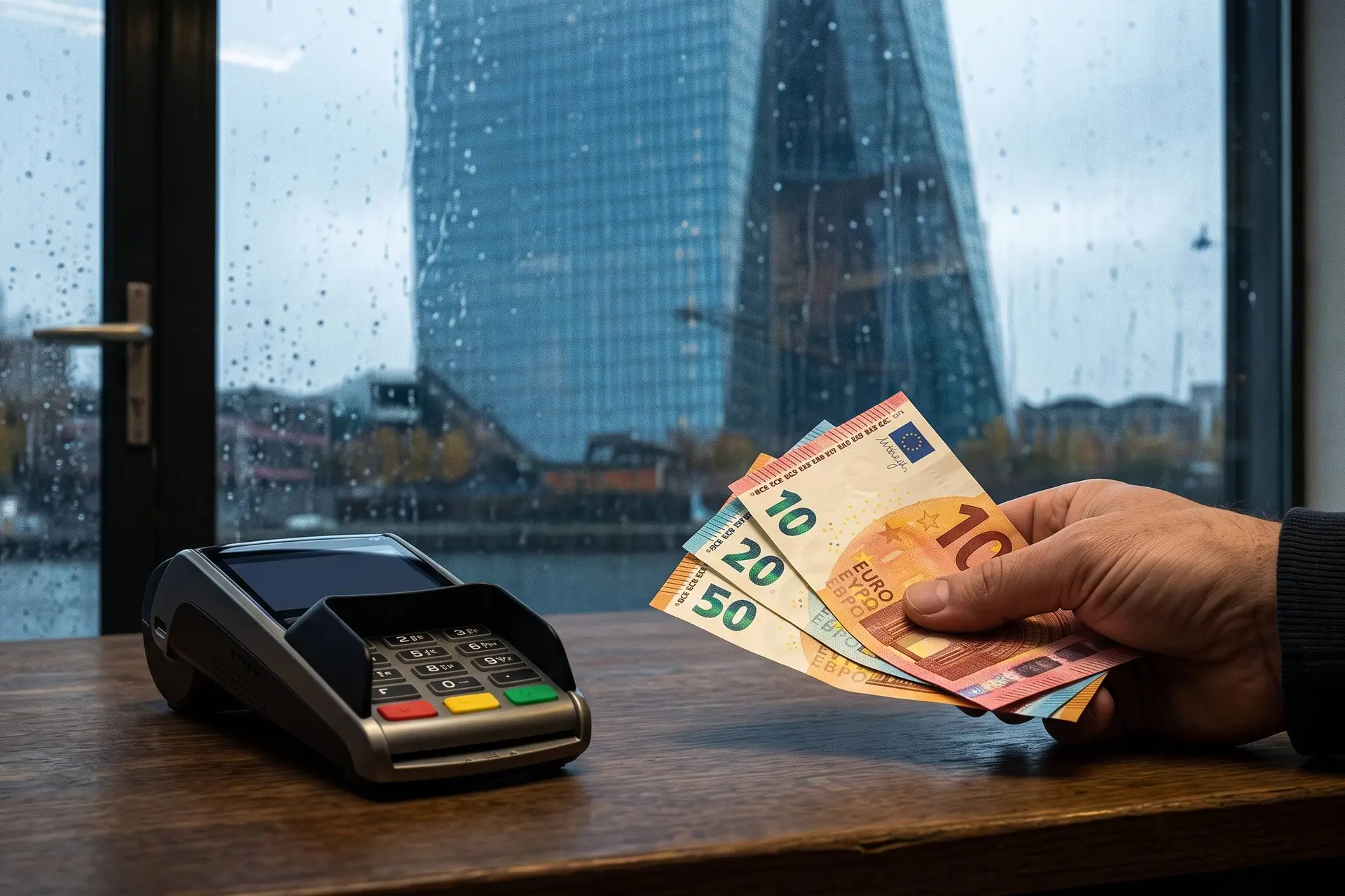 Een hand met contant geld naast een betaalterminal, met het ECB-gebouw symbolisch weerspiegeld op de achtergrond.
