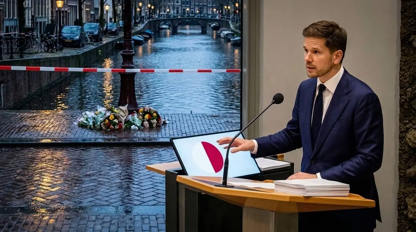 AI-illustratie: Gideon van Meijeren achter een katheder, buiten liggen bloemen en politielint langs een Amsterdamse gracht