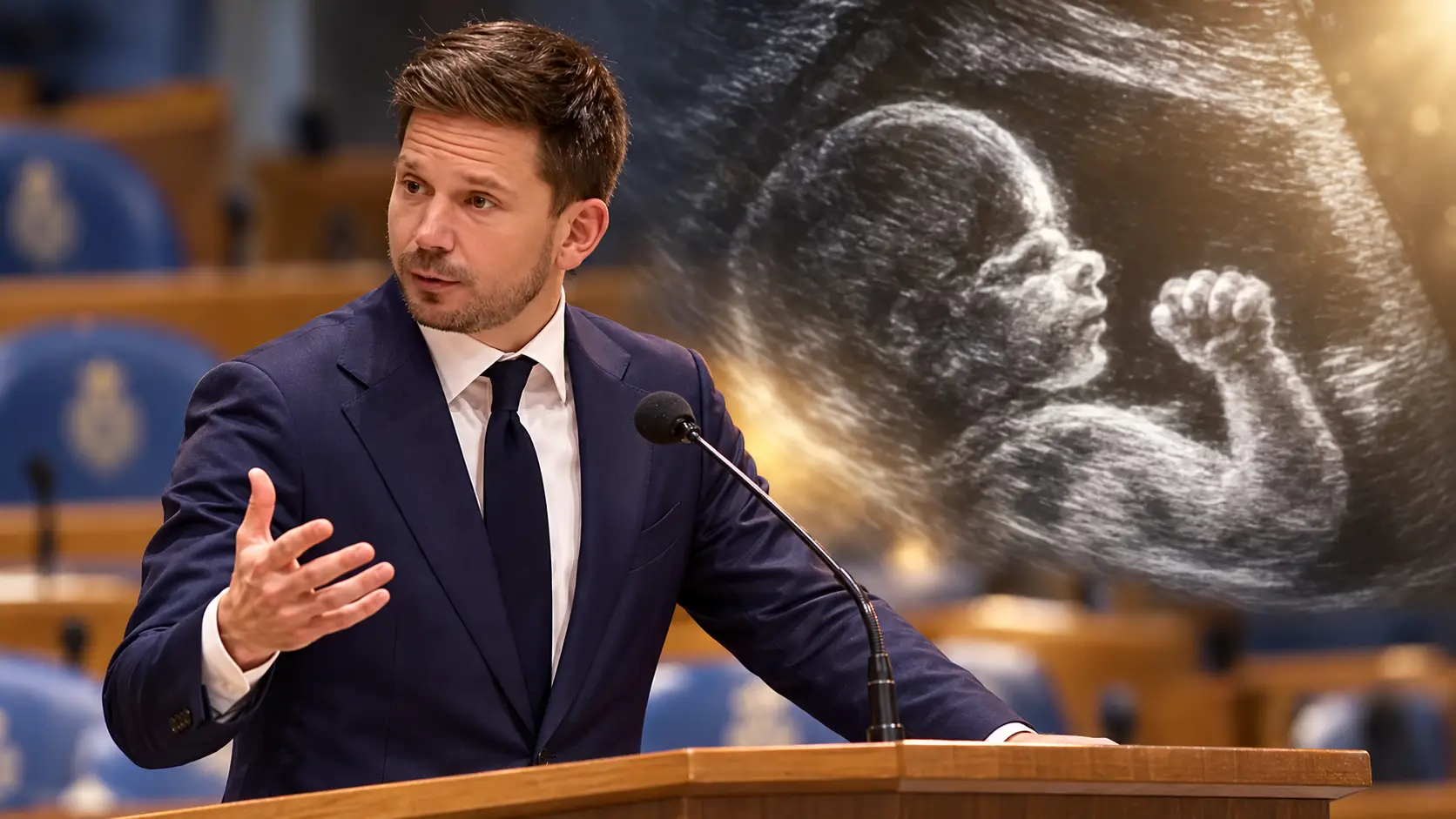 Illustratie van Gideon van Meijeren achter het spreekgestoelte in de Tweede Kamer, met een symbolisch echobeeld van een ongeboren kind.