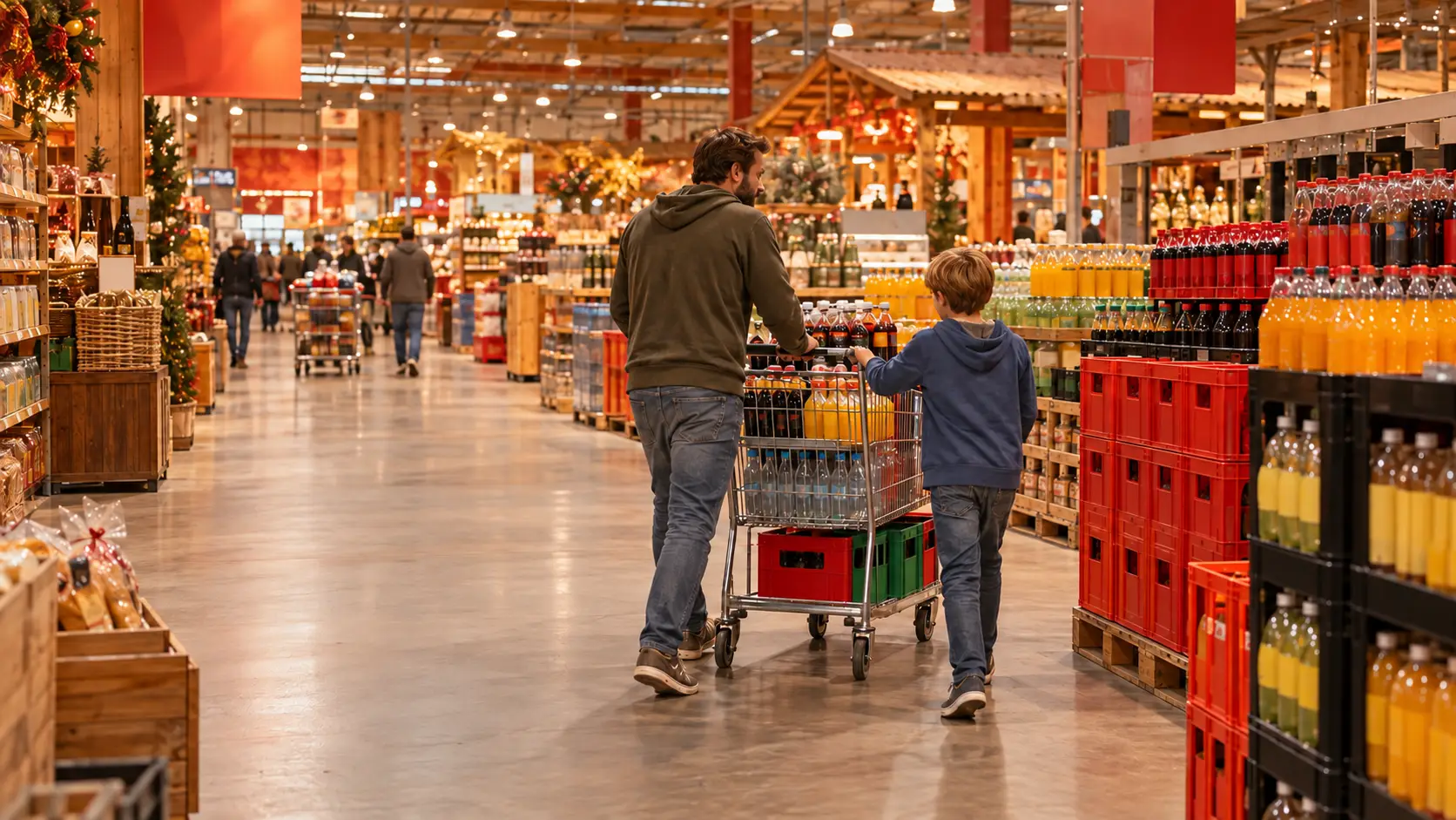 Vader en zoon duwen een winkelwagen met frisdrank en kratten door een gangpad van een groot grenswinkelcentrum in Duitsland.