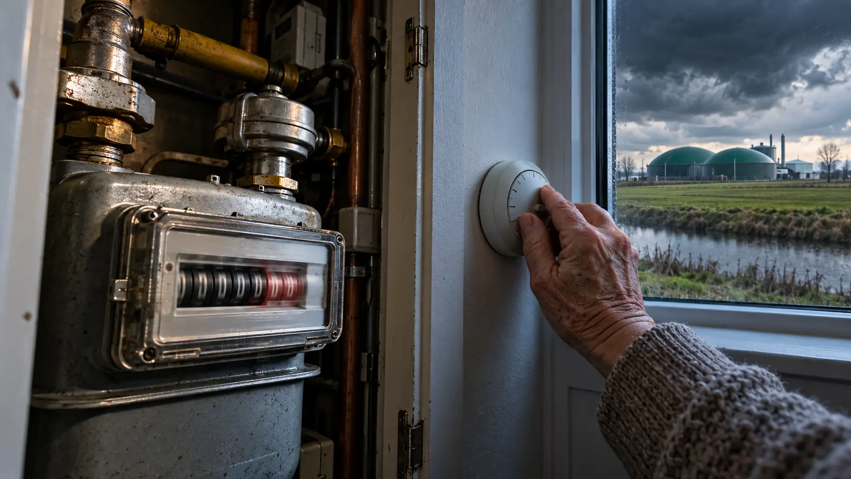Een hand die een thermostaat lager draait naast een gasmeter, met een mestvergister buiten het raam.