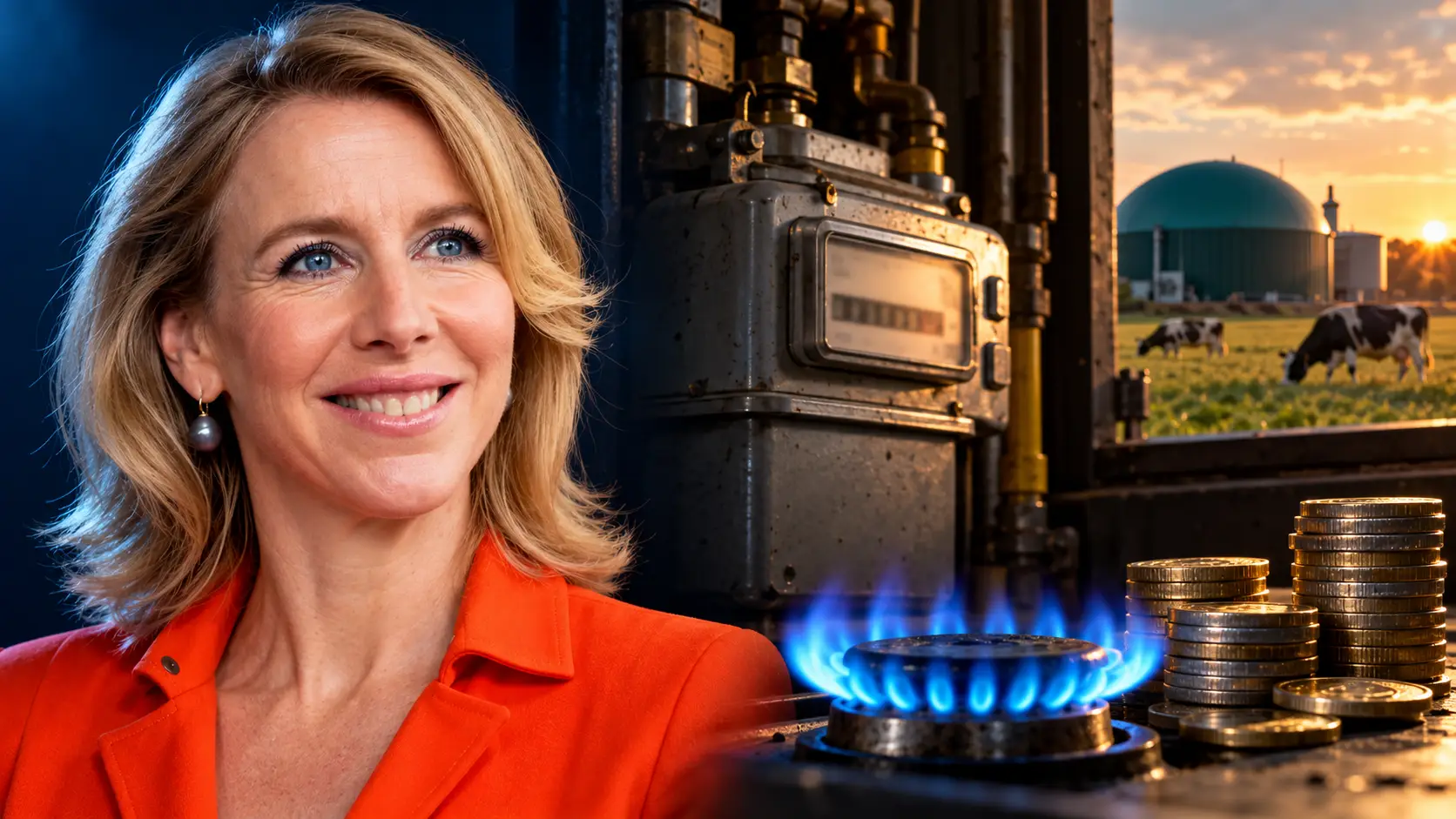 Stientje van Veldhoven glimlachend naast een gasmeter, een brandend gaspitje, stapels munten en een mestvergister met koeien in de wei