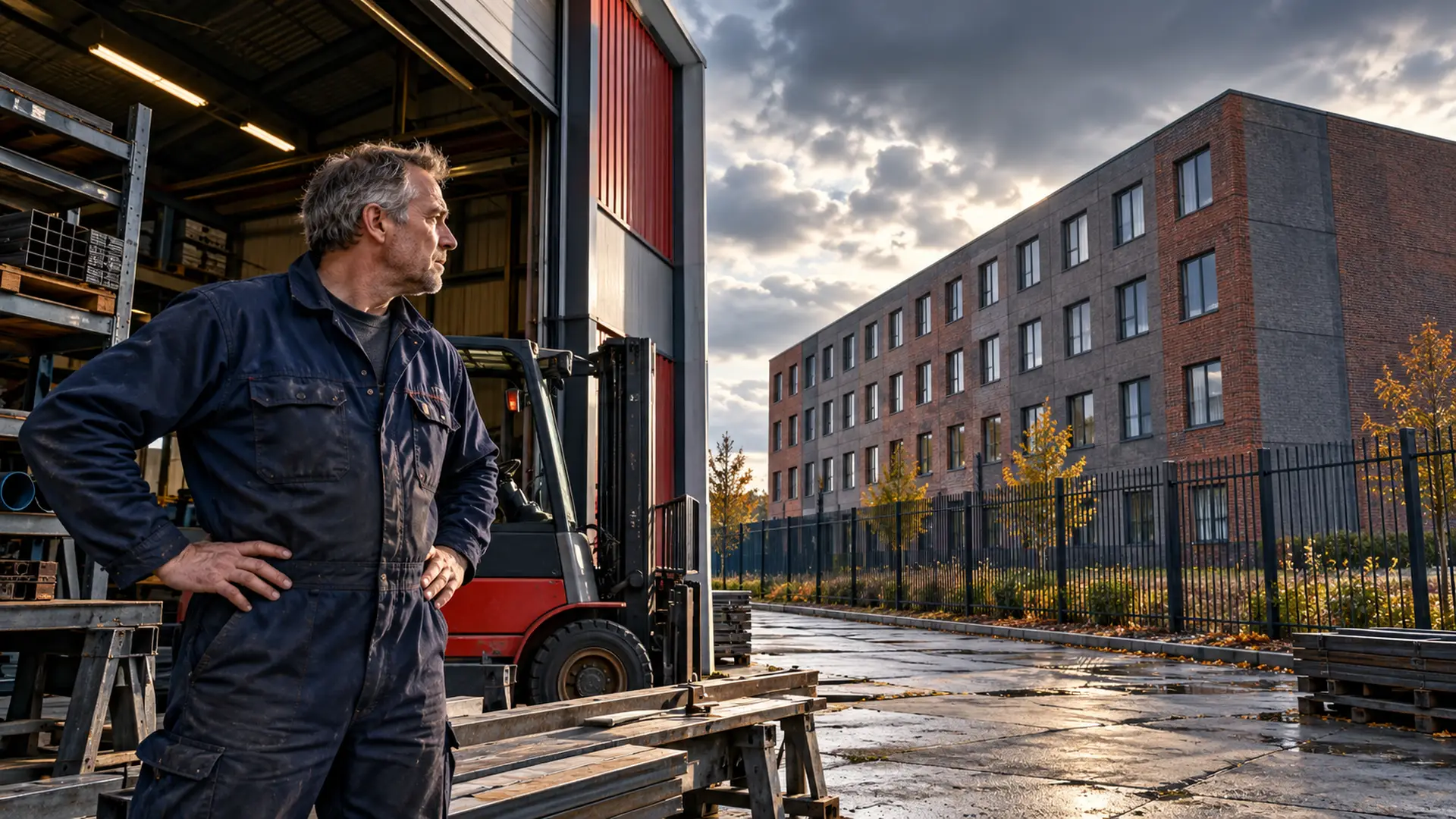 Ondernemer bij zijn werkplaats, met metaalrekken en een heftruck naast een hek waarachter een groot logiesgebouw staat.