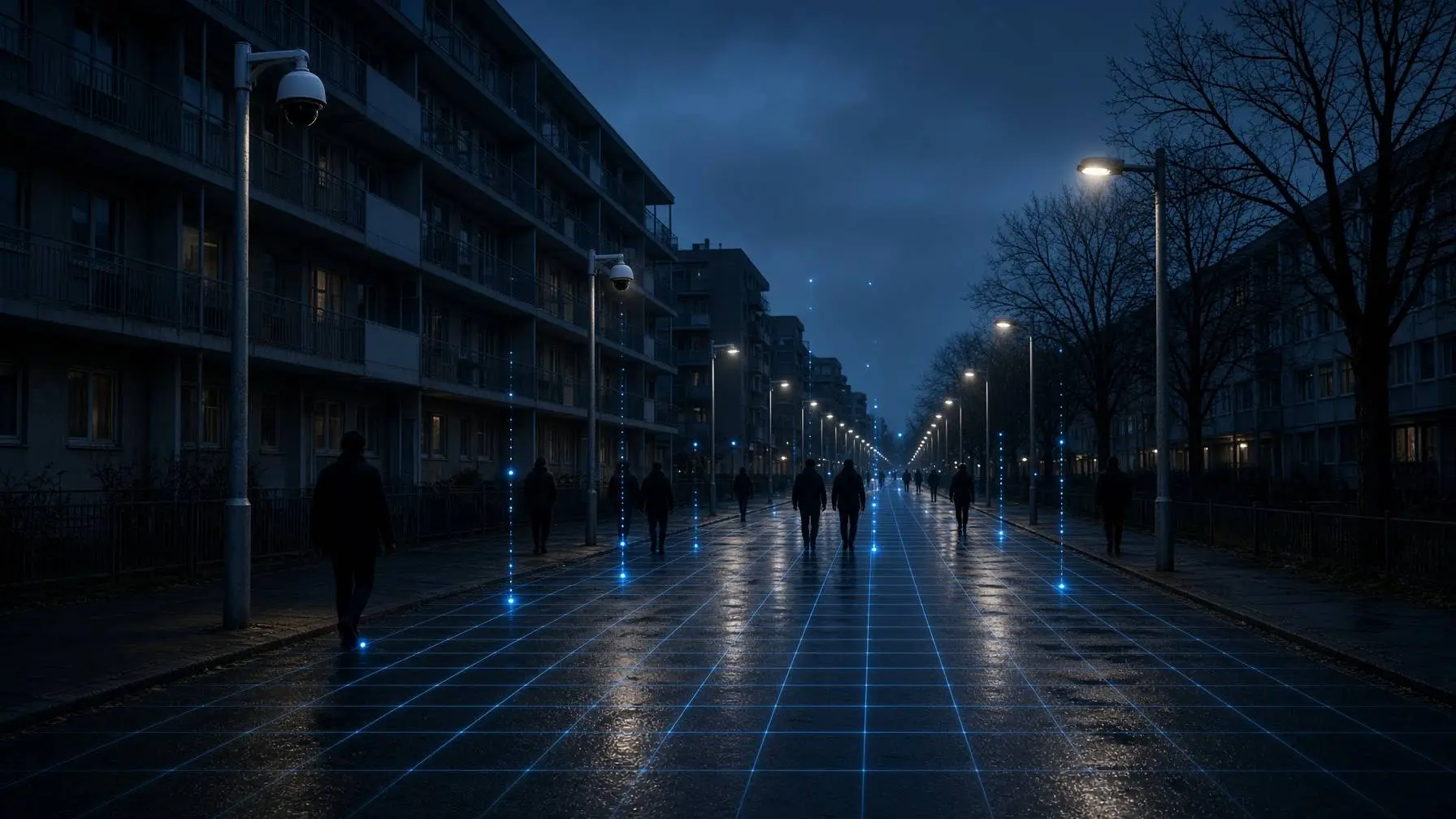 Woonwijk met galerijflats bij schemering en een digitaal raster dat voetgangers volgt, symbool voor AI-surveillance