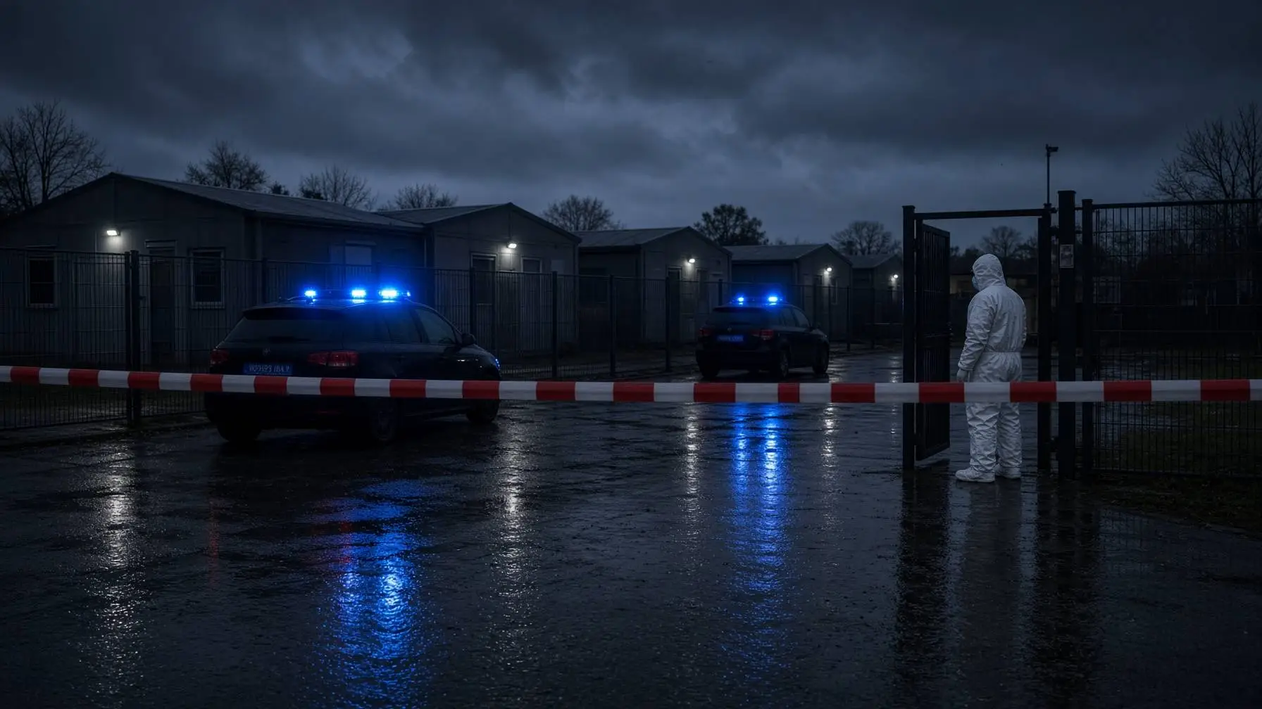 Afzetlint en politieauto's bij de ingang van een omheinde opvanglocatie in de avond