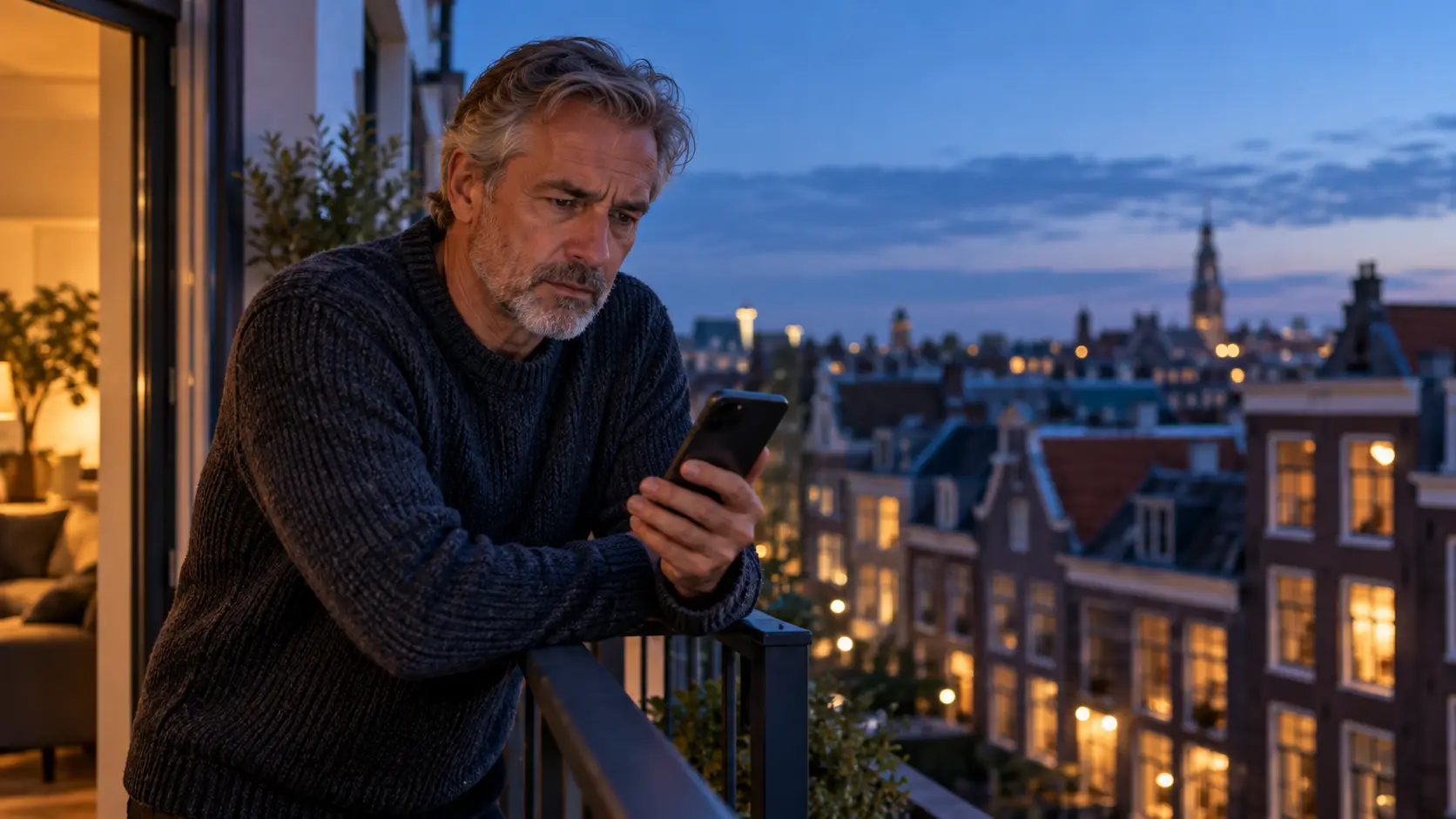 Man op een balkon kijkt twijfelend naar zijn telefoon in de avond