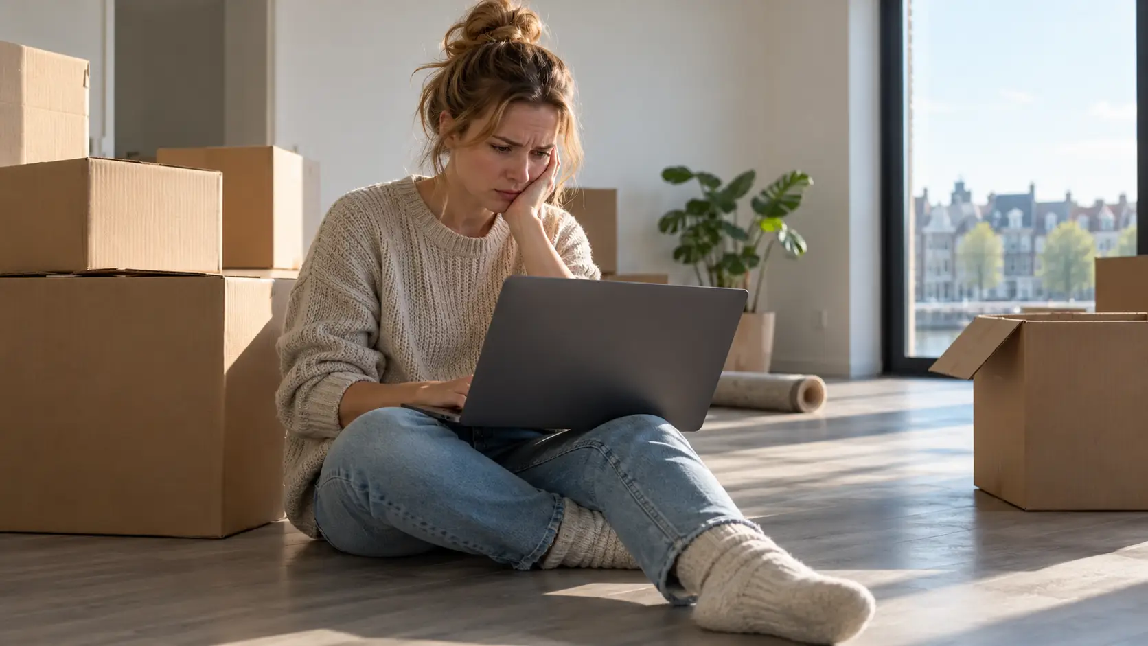 Jonge vrouw zit tussen verhuisdozen in een lege woning en kijkt bezorgd naar haar laptop