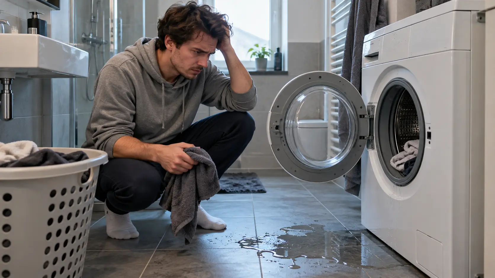 Jonge man in een hoodie zit gehurkt voor een open wasmachine met een plas water op de tegelvloer en kijkt bezorgd.