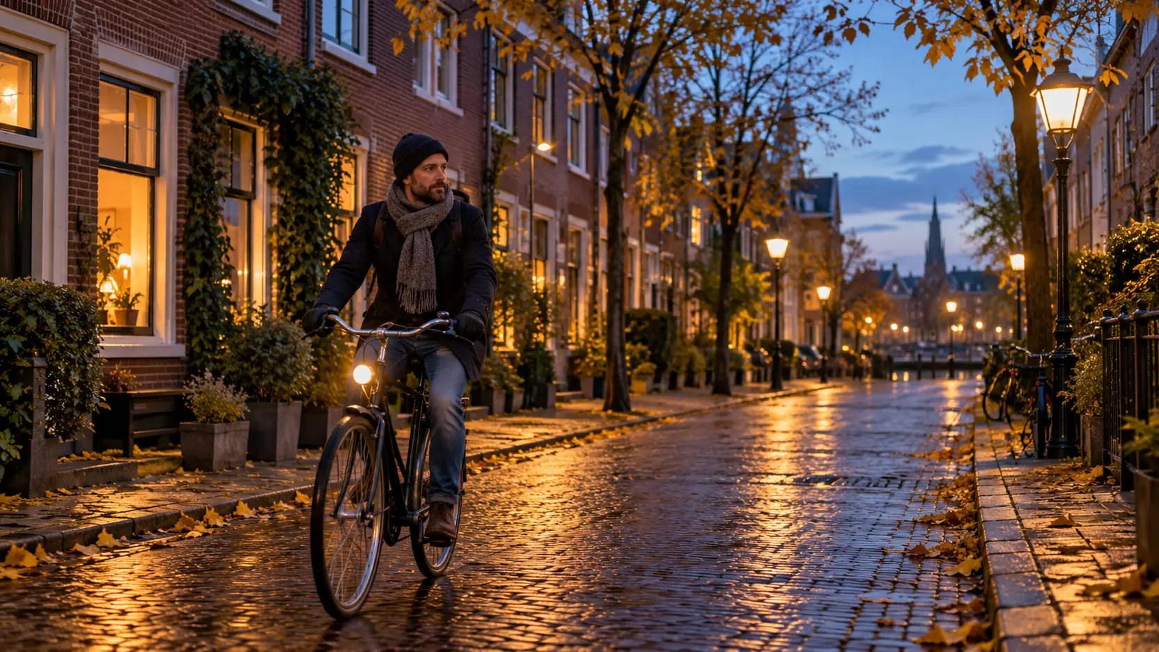 Man fietst in de schemering van een herfstochtend door een woonstraat met brandende straatlantaarns