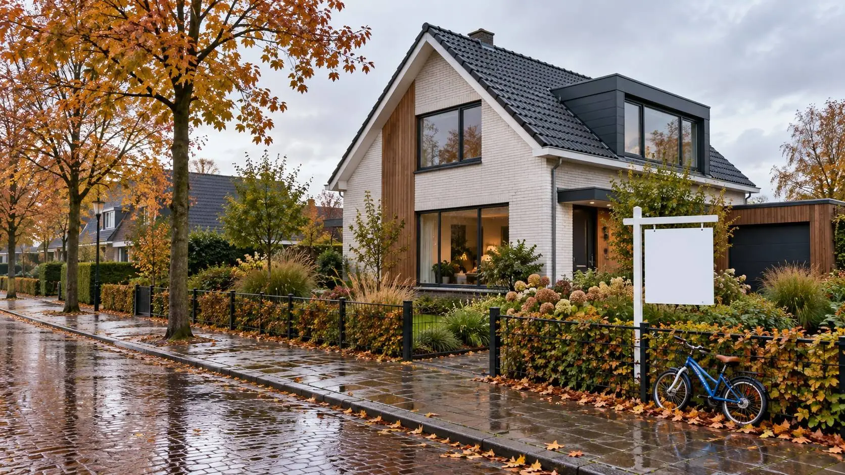 Vrijstaand huis met een te-koopbord in de voortuin en een kinderfiets tegen het hek