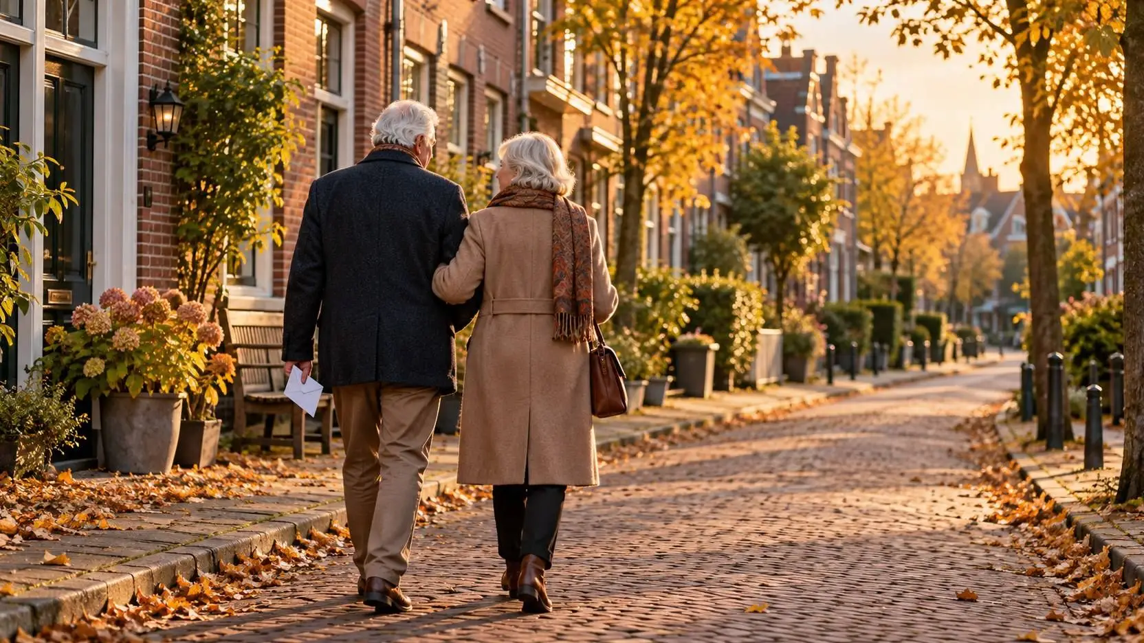 Oudere man en vrouw lopen gearmd door een straat met rijtjeshuizen in herfstlicht, een van hen met een envelop in de hand