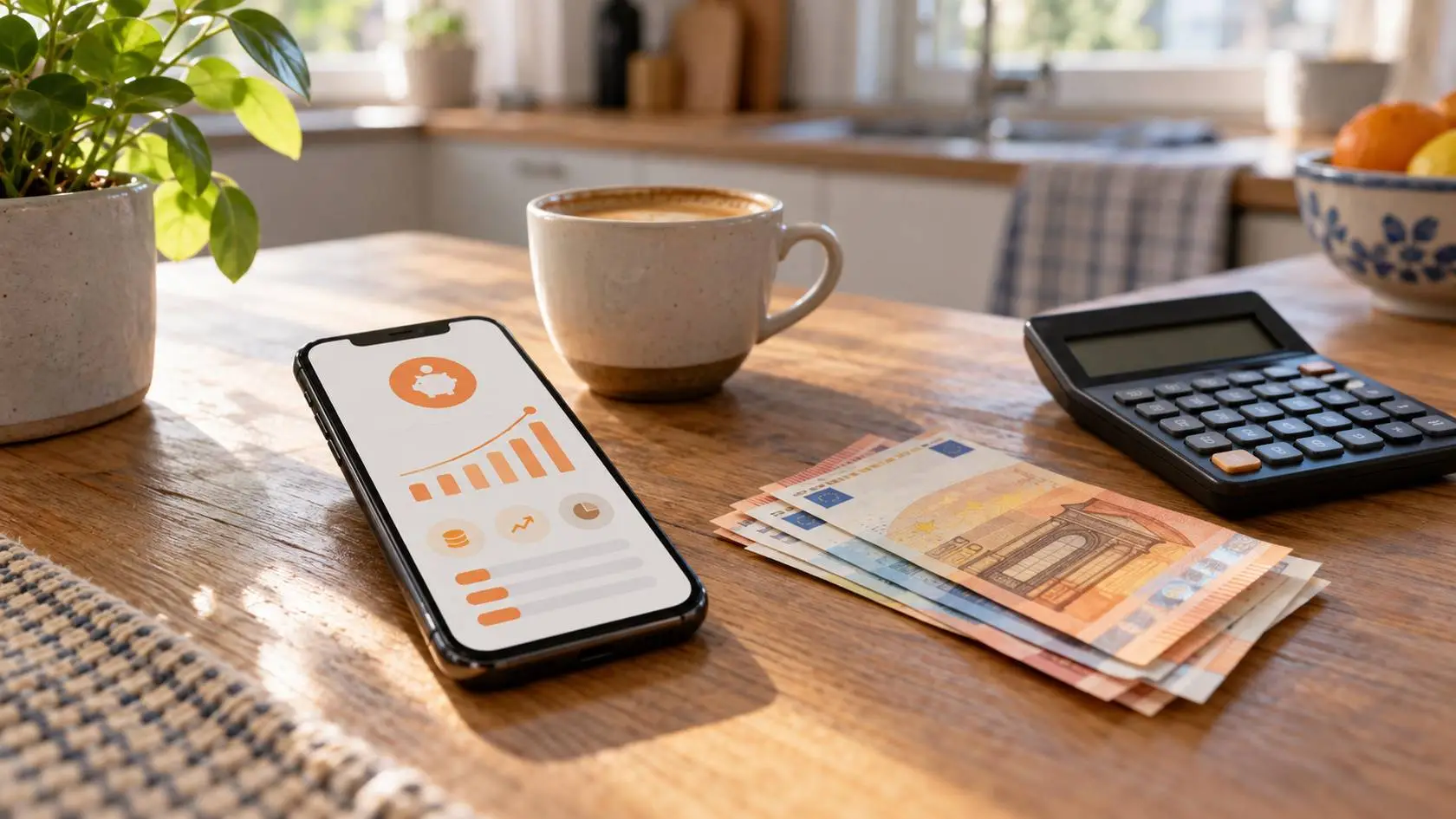 Smartphone met een spaarapp naast eurobiljetten, een rekenmachine en een kop koffie op de keukentafel