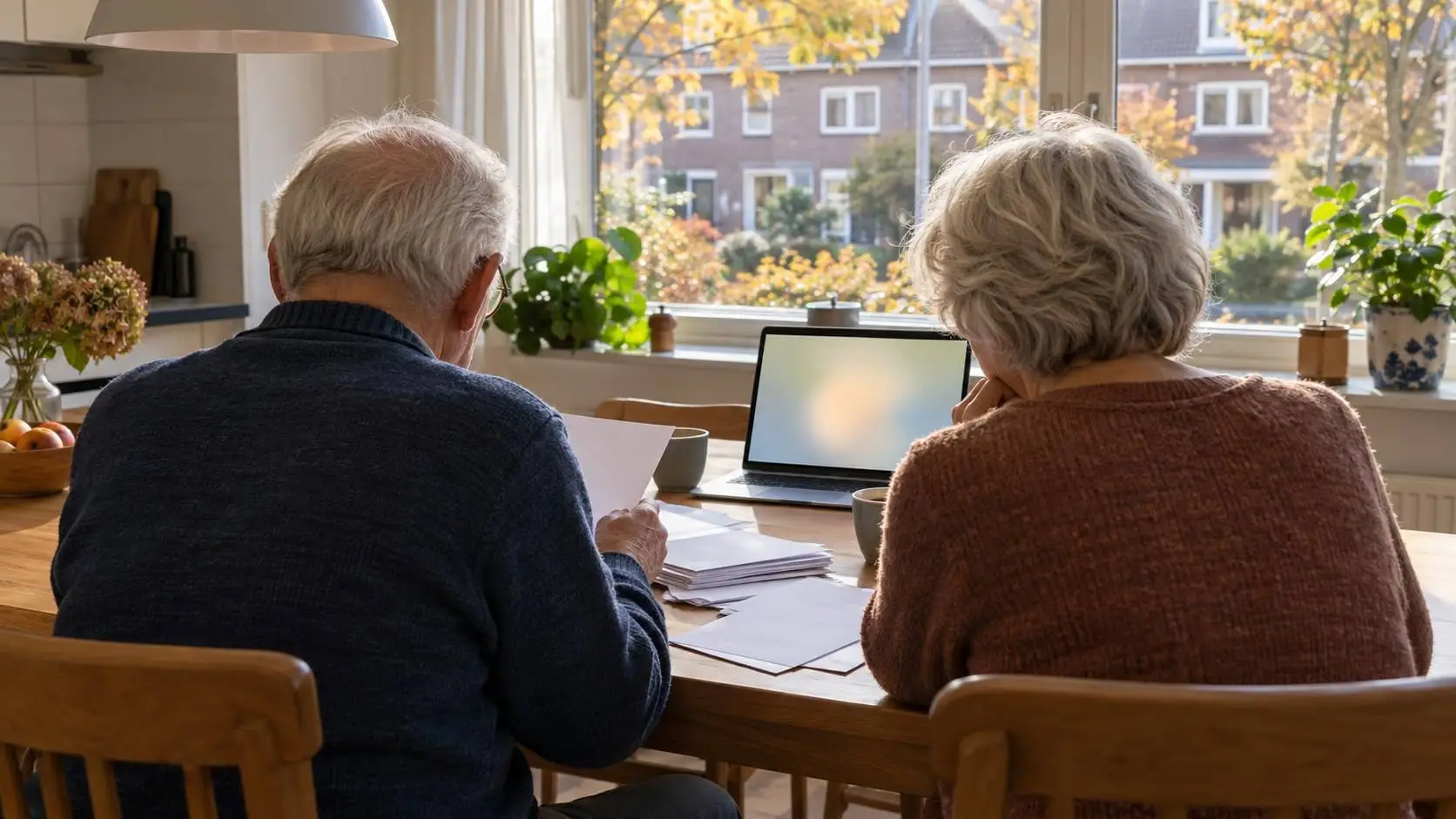 Ouder echtpaar aan de keukentafel met brieven en een laptop op een herfstochtend