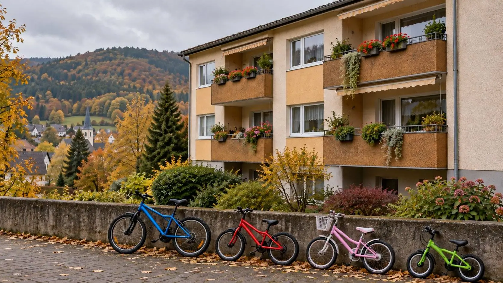 Appartementengebouw in een heuvelachtig dorp in de herfst, met vier kinderfietsen tegen een muurtje