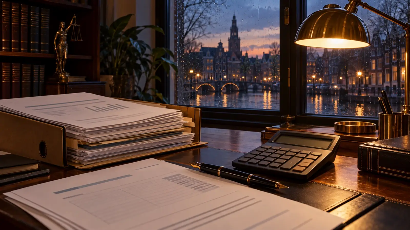 Bureau met bankafschriften, rekenmachine en vulpen onder een bureaulamp in een advocatenkantoor