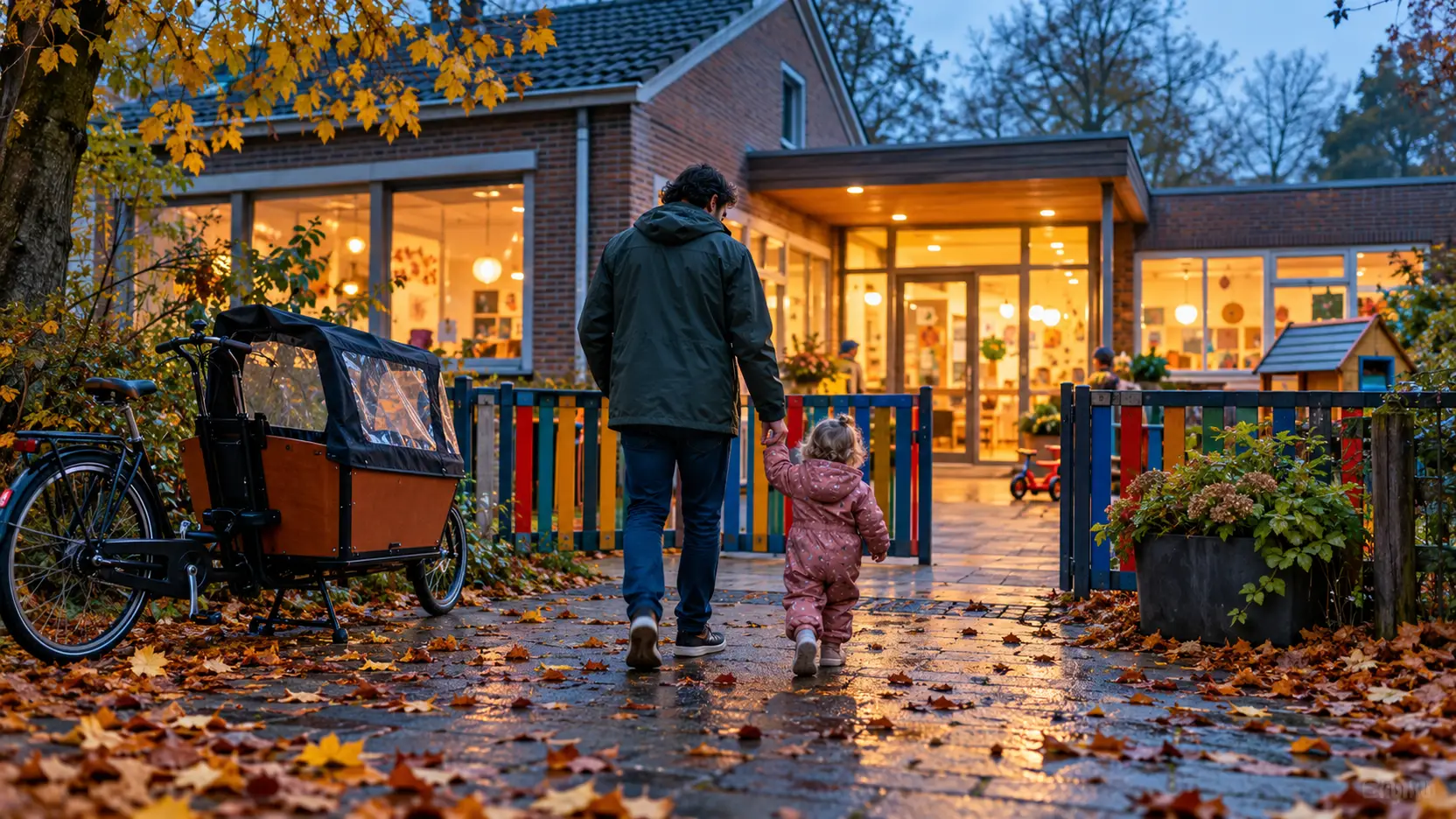Vader brengt peuter op een herfstochtend naar de ingang van een kinderdagverblijf, met een bakfiets bij het hek