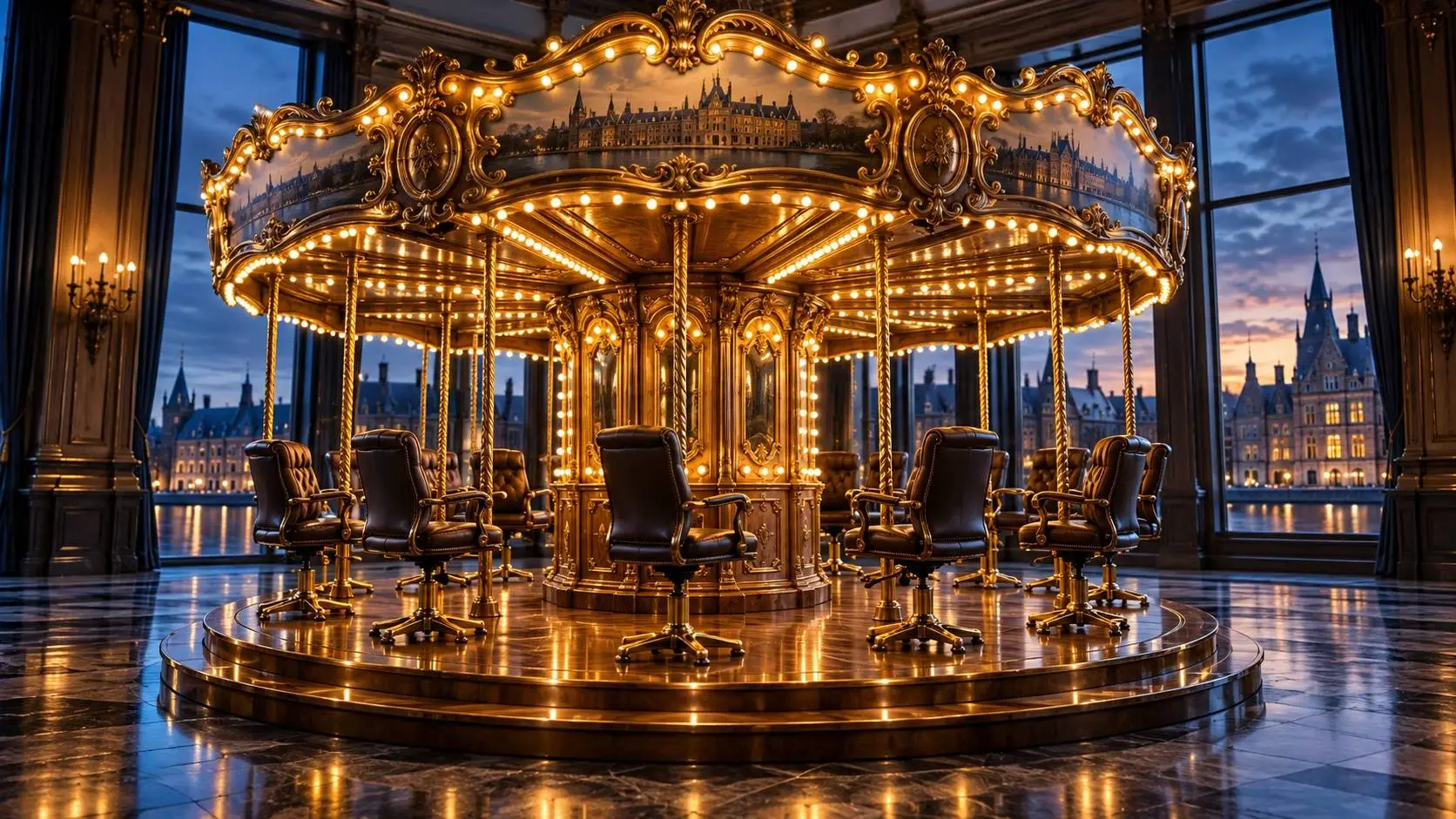 AI-illustratie van een goudverlichte draaimolen met lege bureaustoelen in een Haagse zaal, met het Binnenhof op de achtergrond.