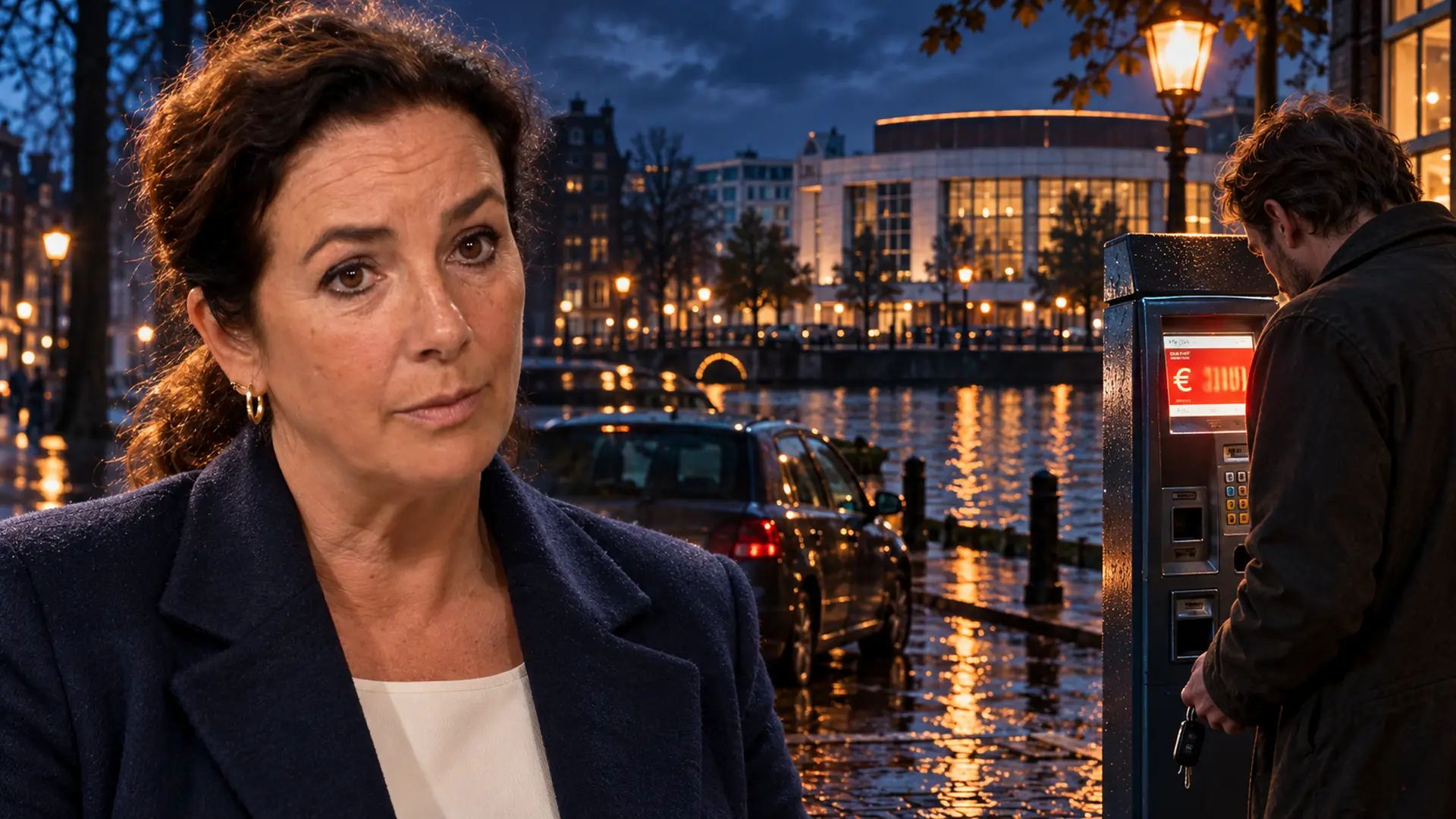 Illustratie van Femke Halsema naast een moedeloze automobilist bij een parkeerautomaat, met de Amsterdamse gracht en de Stopera op de achtergrond.