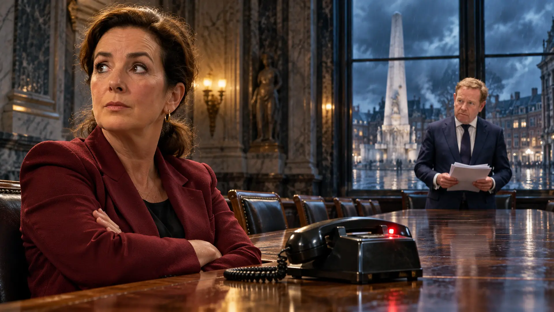 Illustratie van Femke Halsema met gekruiste armen naast een zwarte telefoon, met David van Weel en het Nationaal Monument op de achtergrond.