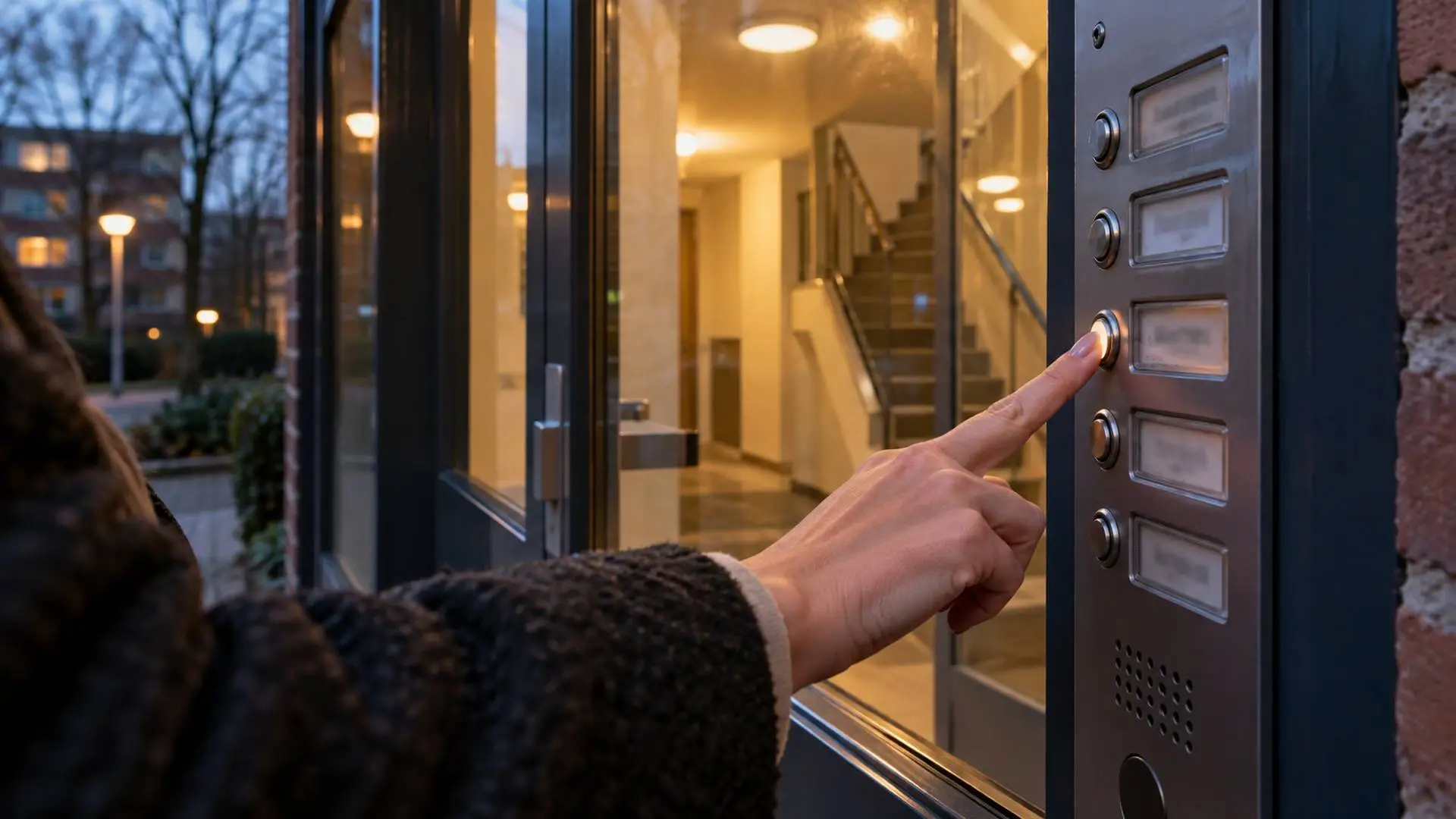 Vrouwenhand op de knop van een intercompaneel bij een flatentree, met achter de glazen deur een verlicht trappenhuis