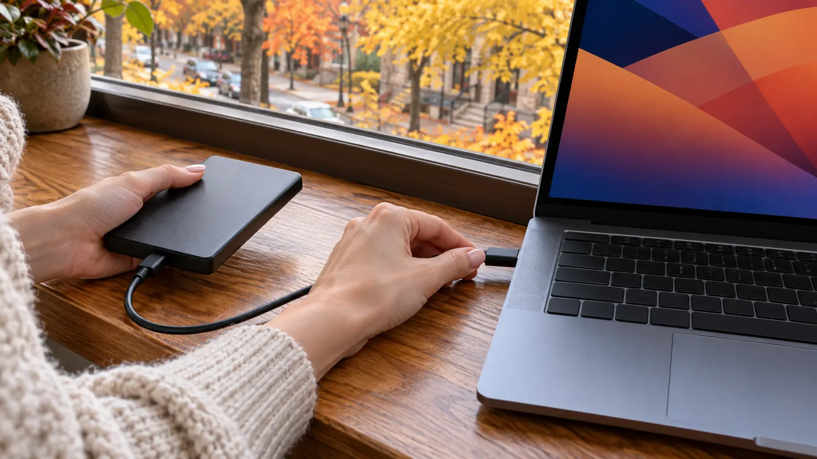 Handen sluiten een externe harde schijf aan op een laptop op een vensterbank met herfstbomen buiten.